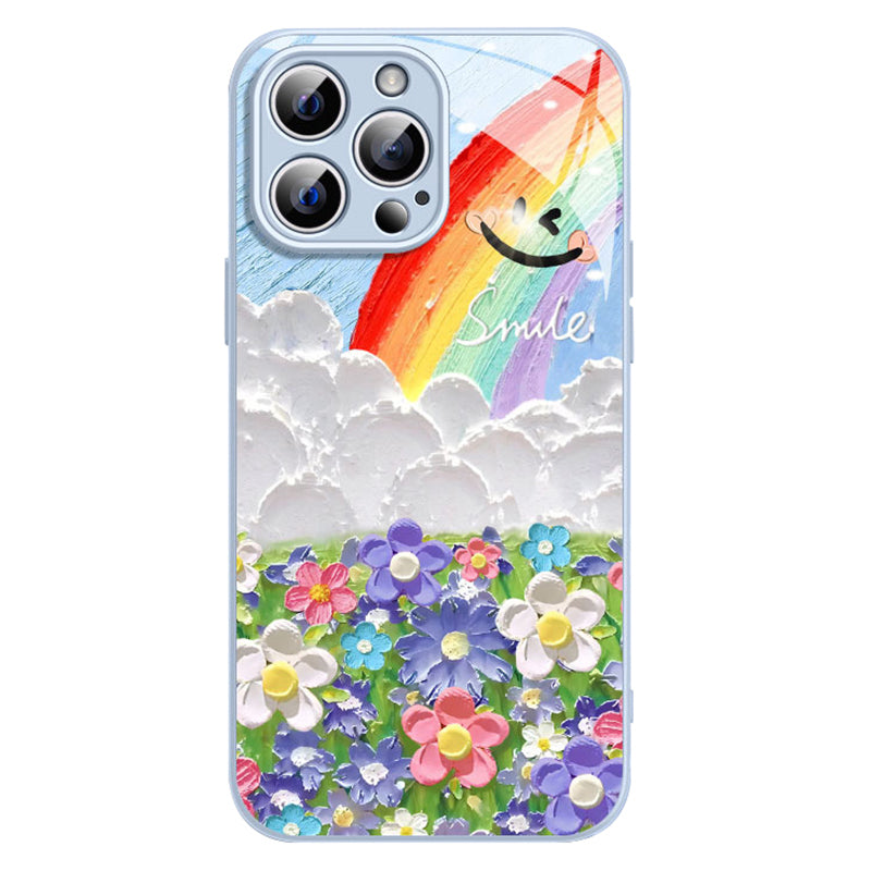 For iPhone 14 Pro Max Case Smile Rainbow Pattern TPU+Tempered Glass Floral Phone Cover