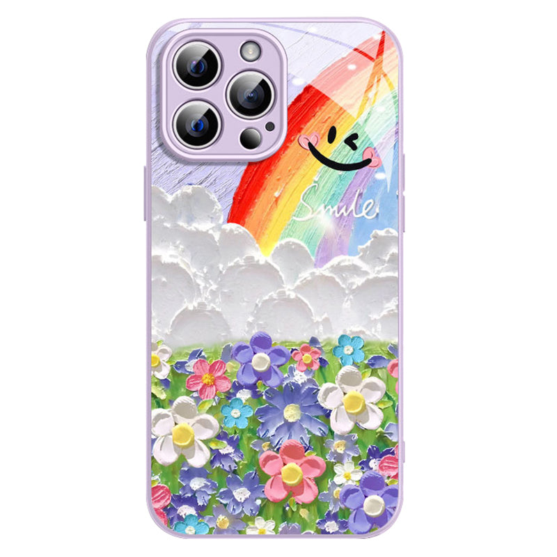 For iPhone 14 Pro Max Case Smile Rainbow Pattern TPU+Tempered Glass Floral Phone Cover