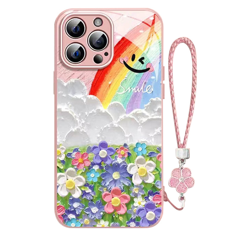 For iPhone 12 Pro Max Case TPU Frame Tempered Glass Phone Cover with Clover Wrist Strap