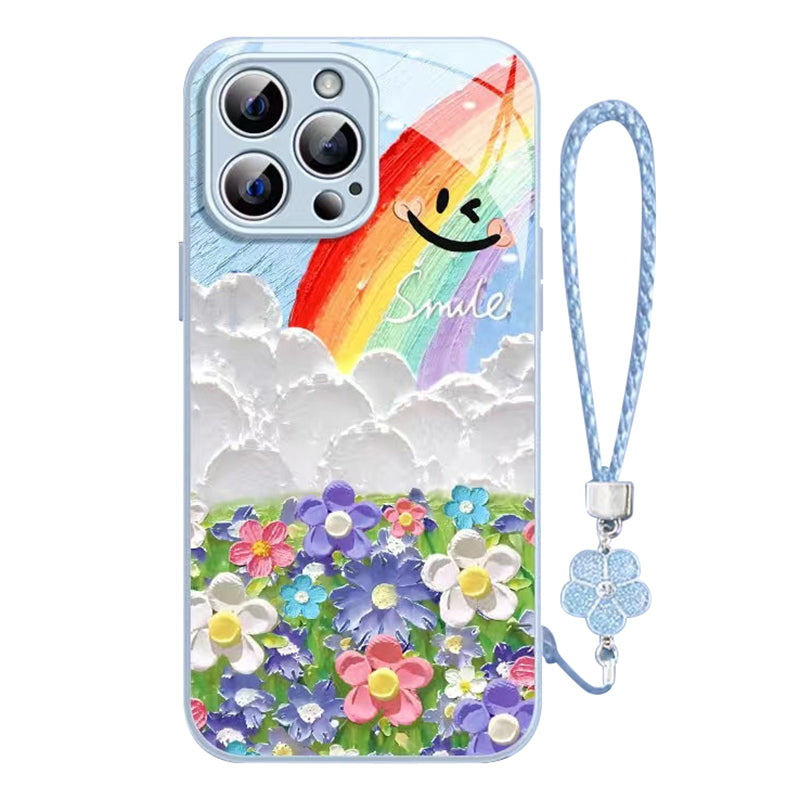 For iPhone 12 Pro Max Case TPU Frame Tempered Glass Phone Cover with Clover Wrist Strap