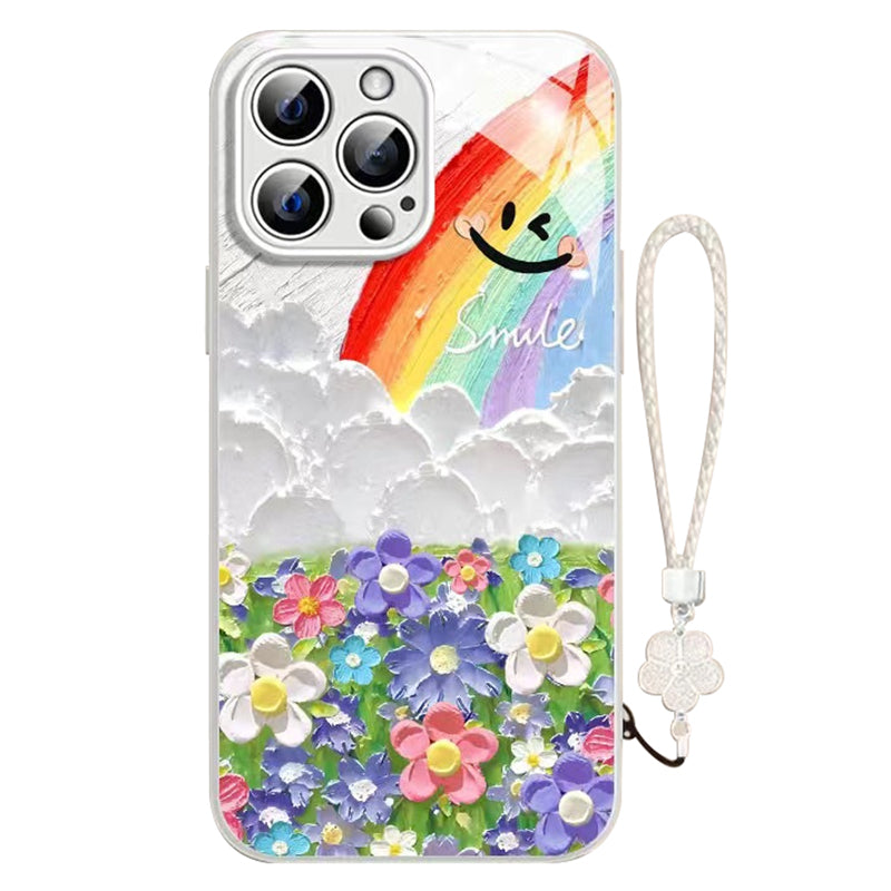 For iPhone 14 Pro Max Case Rainbow Flower Pattern TPU+Tempered Glass Cover with Wrist Strap