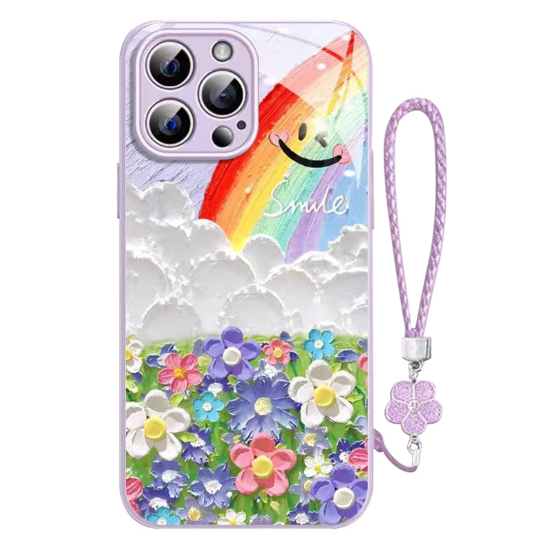 For iPhone 14 Pro Max Case Rainbow Flower Pattern TPU+Tempered Glass Cover with Wrist Strap