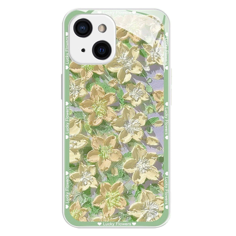 For iPhone 13 Case Oil Painting Flowers Pattern TPU+Tempered Glass Phone Cover