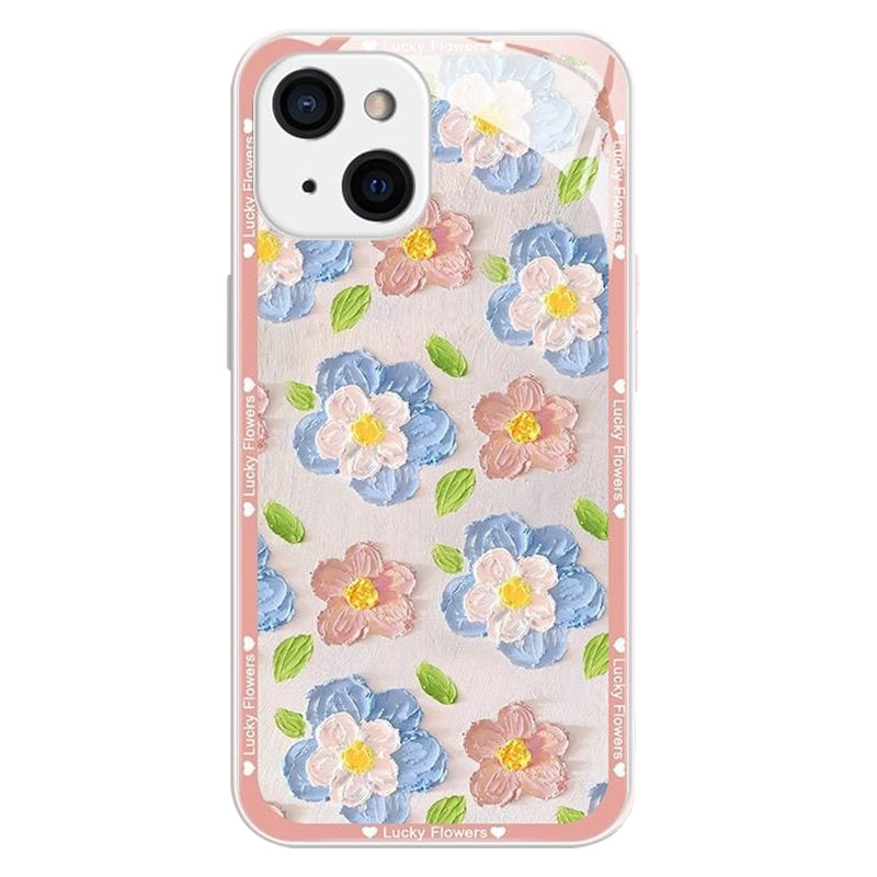 For iPhone 14 Tempered Glass Case Oil Painting Flowers Pattern TPU Frame Phone Cover