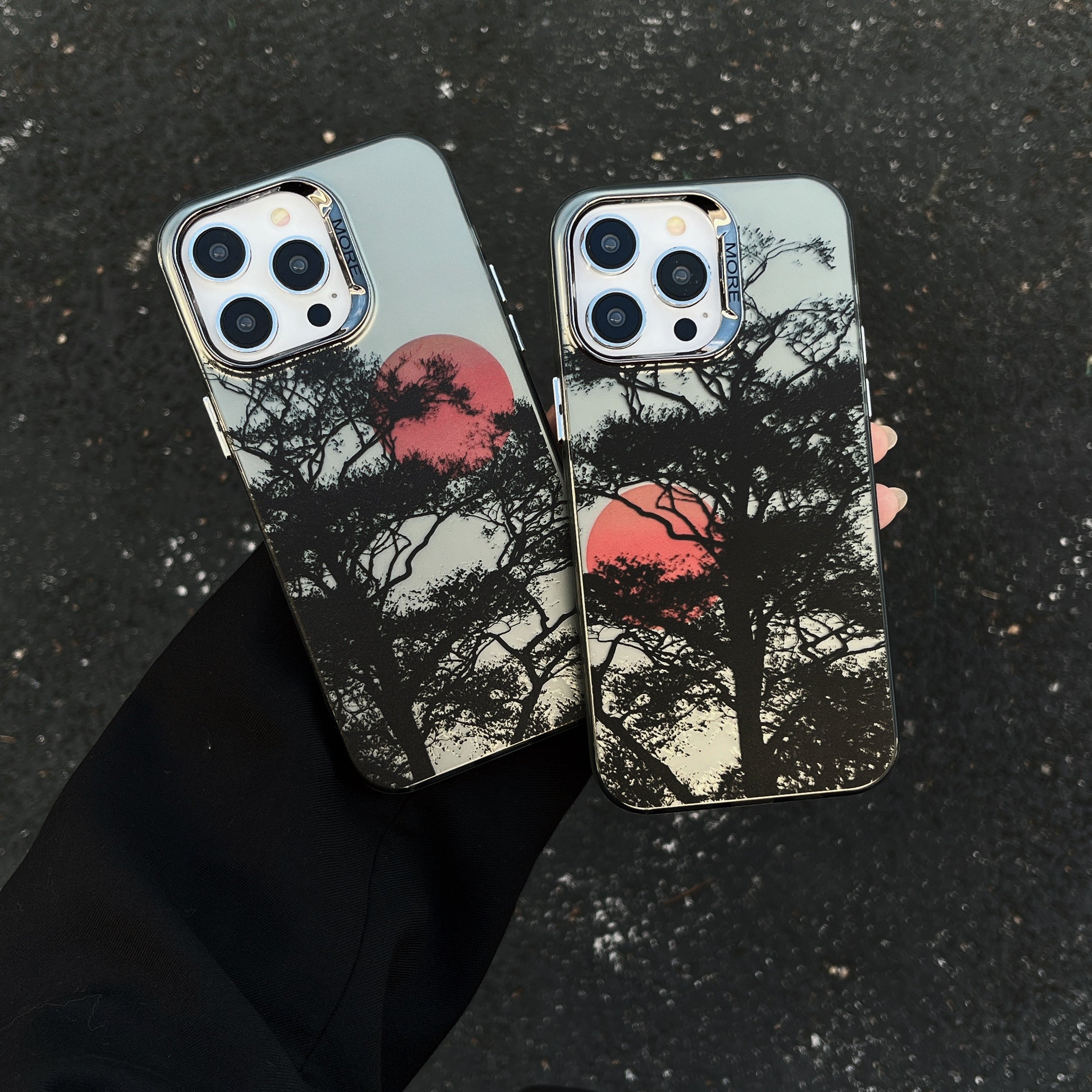 For iPhone 13 Pro Electroplating Case PC+TPU Phone Cover Tree Sunset Pattern