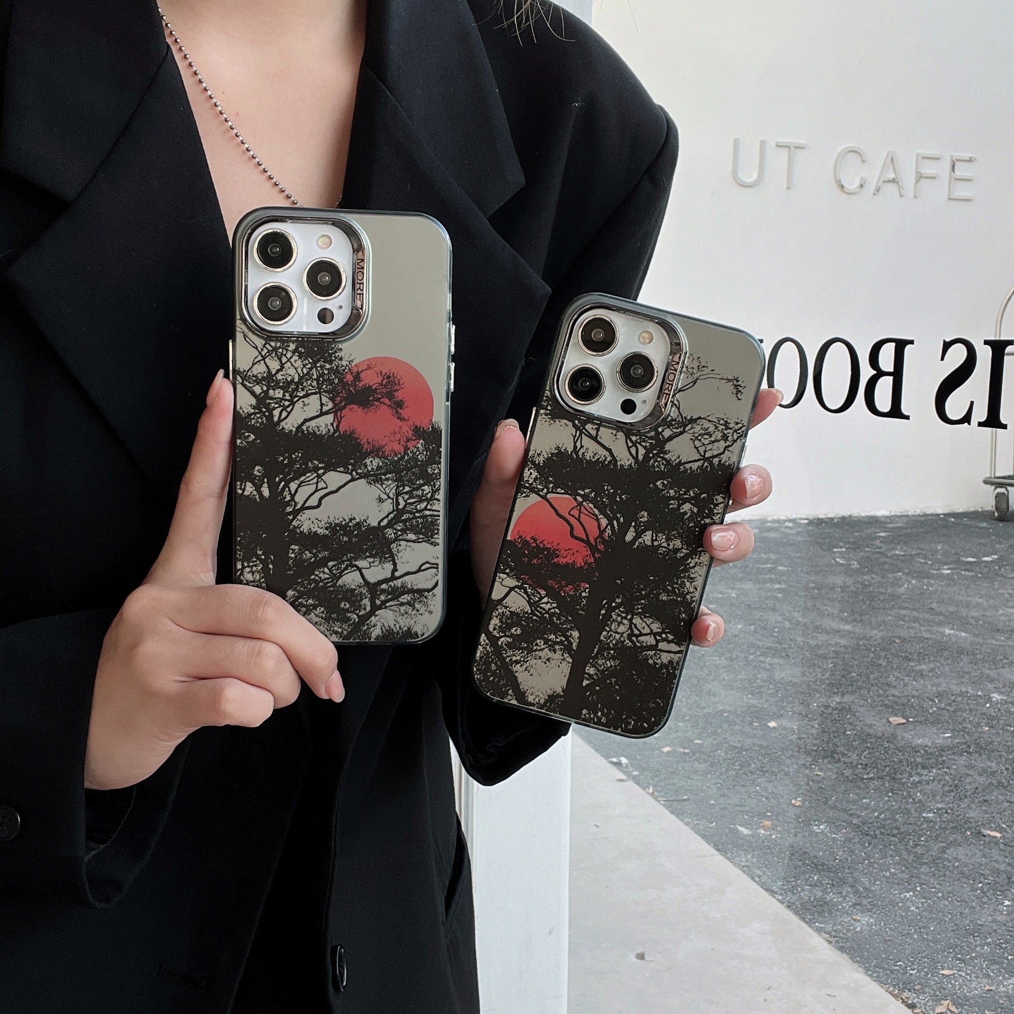 For iPhone 13 Pro Electroplating Case PC+TPU Phone Cover Tree Sunset Pattern