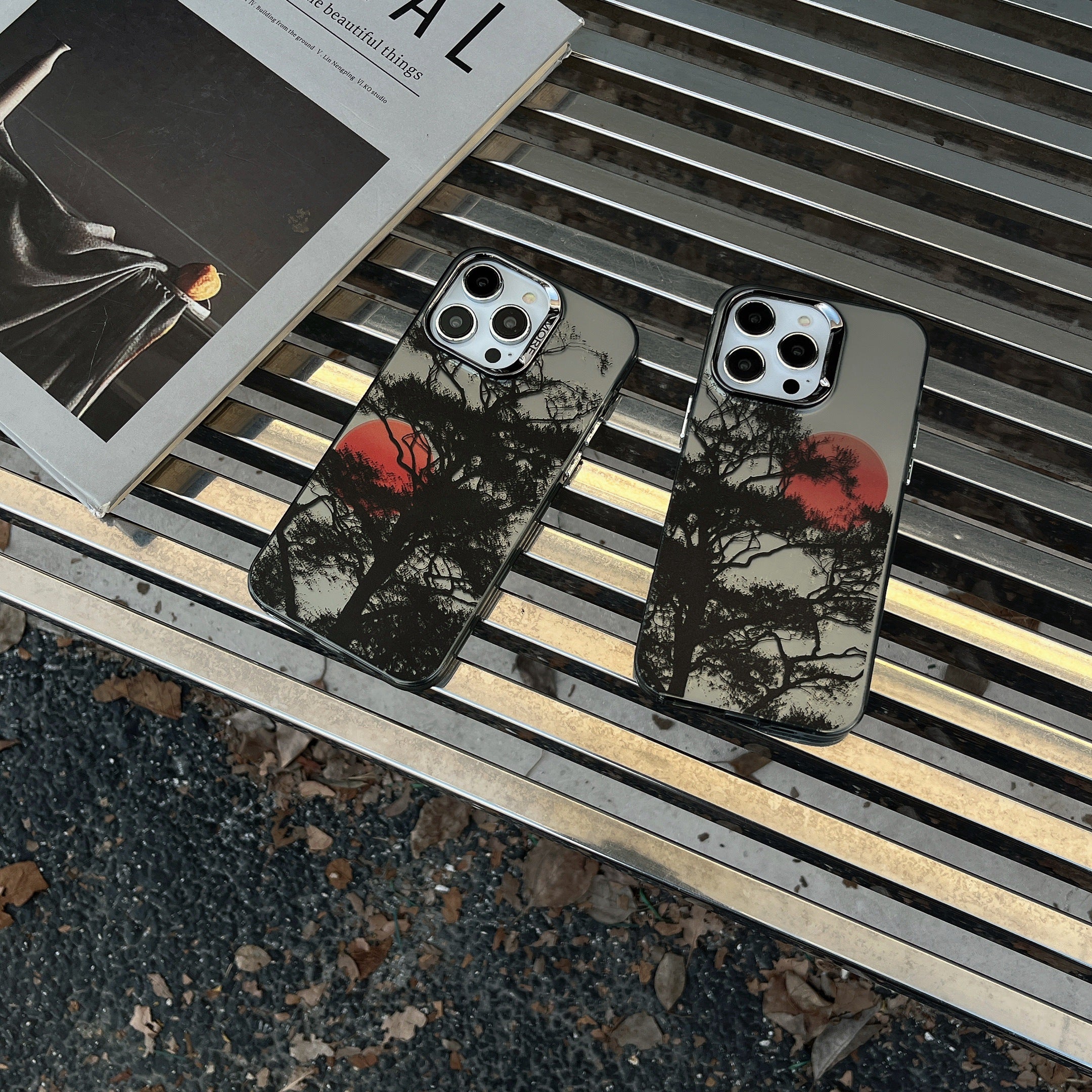 For iPhone 15 Pro Case Tree Sunset Pattern PC+TPU Electroplating Phone Cover