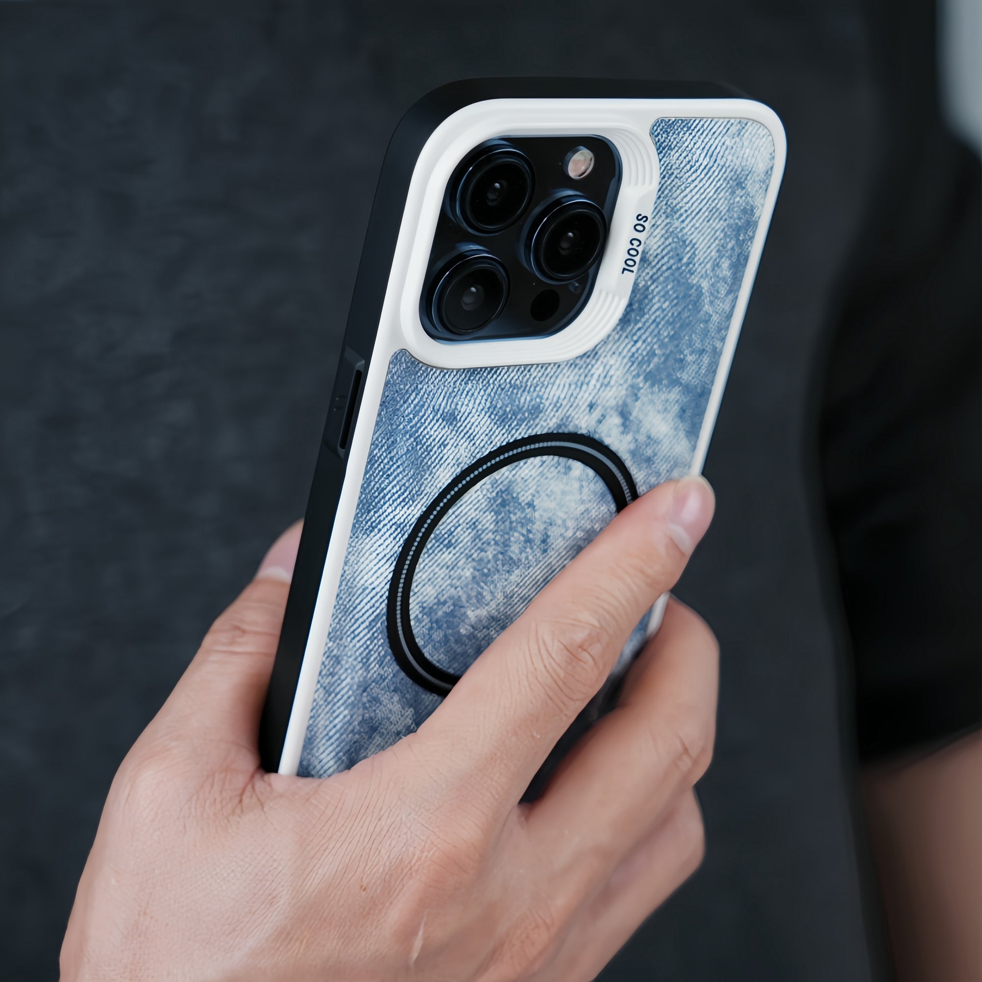 For iPhone 13 Pro Magnetic Case Denim Cloth Texture Leather Coated PC+TPU Phone Cover