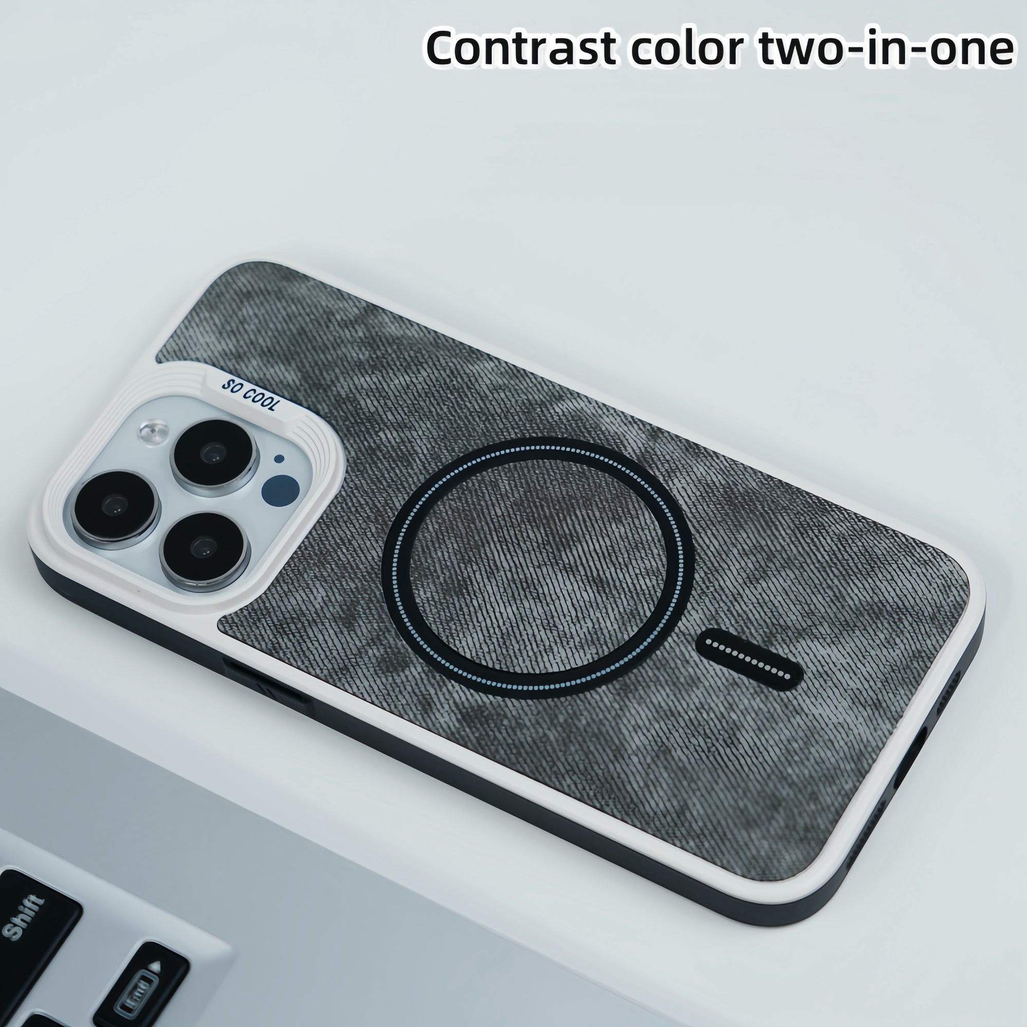 For iPhone 13 Pro Magnetic Case Denim Cloth Texture Leather Coated PC+TPU Phone Cover