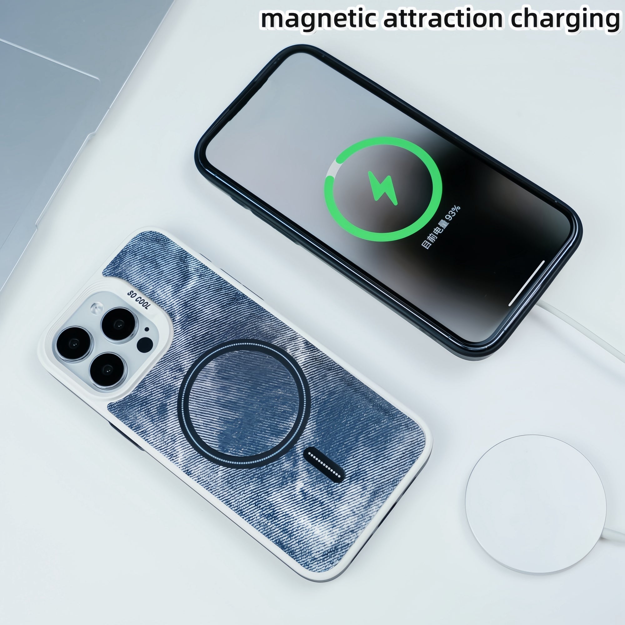 For iPhone 13 Pro Magnetic Case Denim Cloth Texture Leather Coated PC+TPU Phone Cover