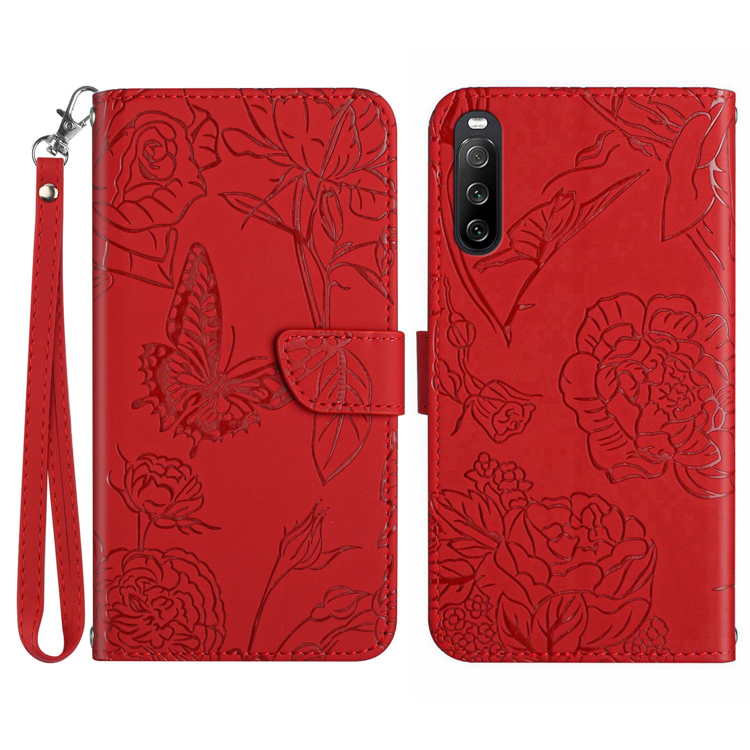 HT03 For Sony Xperia 10 VI Leather Case Butterfly Flower Wallet Phone Cover with Wrist Strap