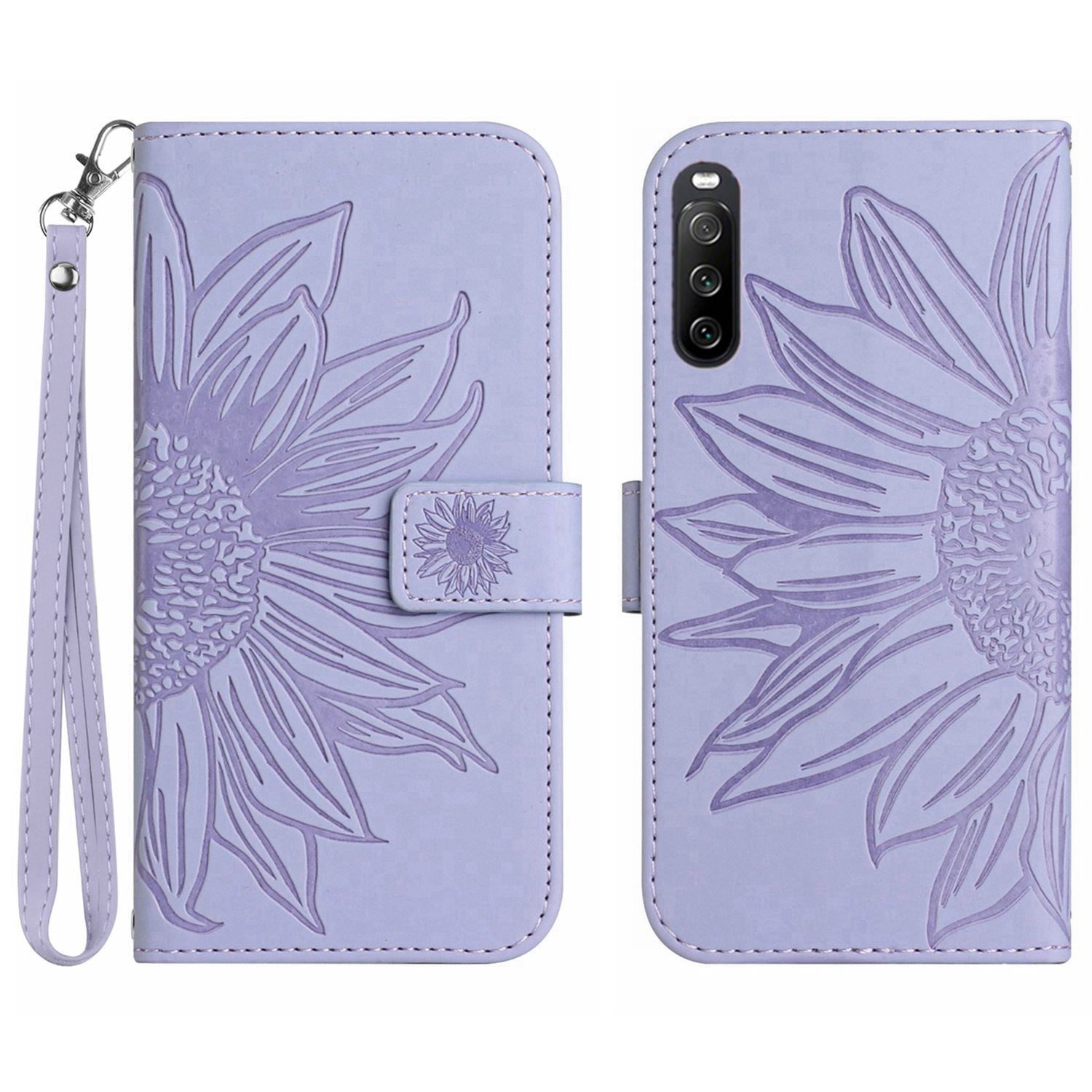 HT04 For Sony Xperia 10 VI Leather Case with Wrist Strap Sunflower Phone Cover