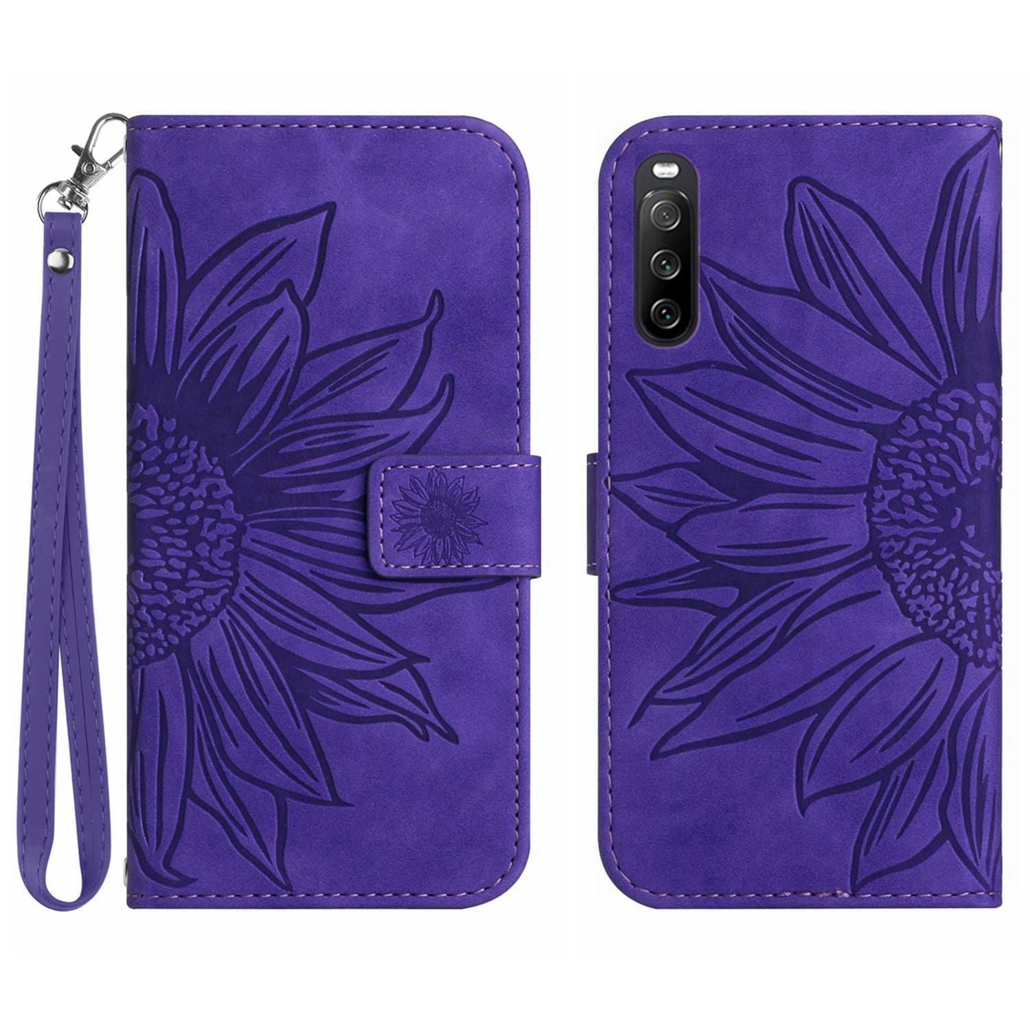 HT04 For Sony Xperia 10 VI Leather Case with Wrist Strap Sunflower Phone Cover
