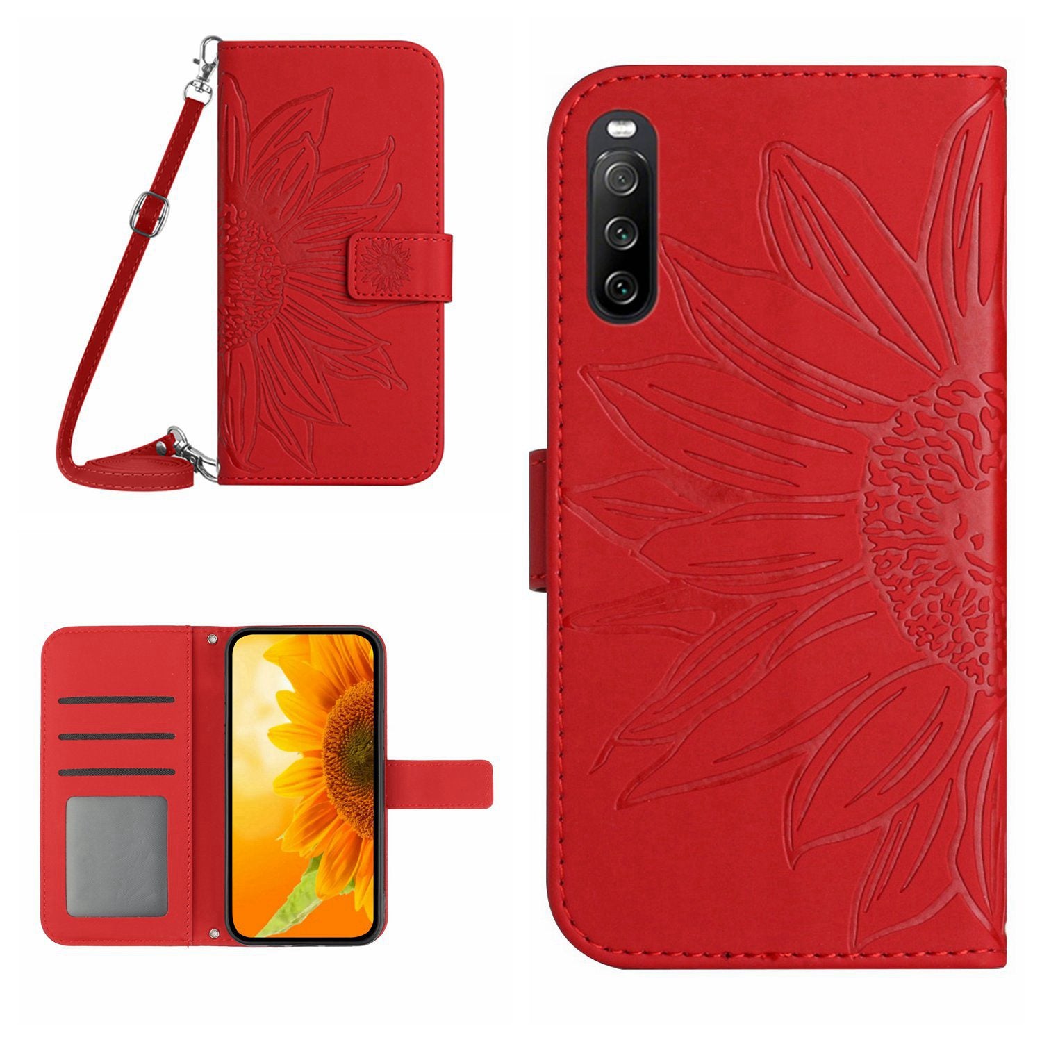 HT04 For Sony Xperia 10 VI Case Sunflower Leather Magnetic Flip Phone Cover with Shoulder Strap