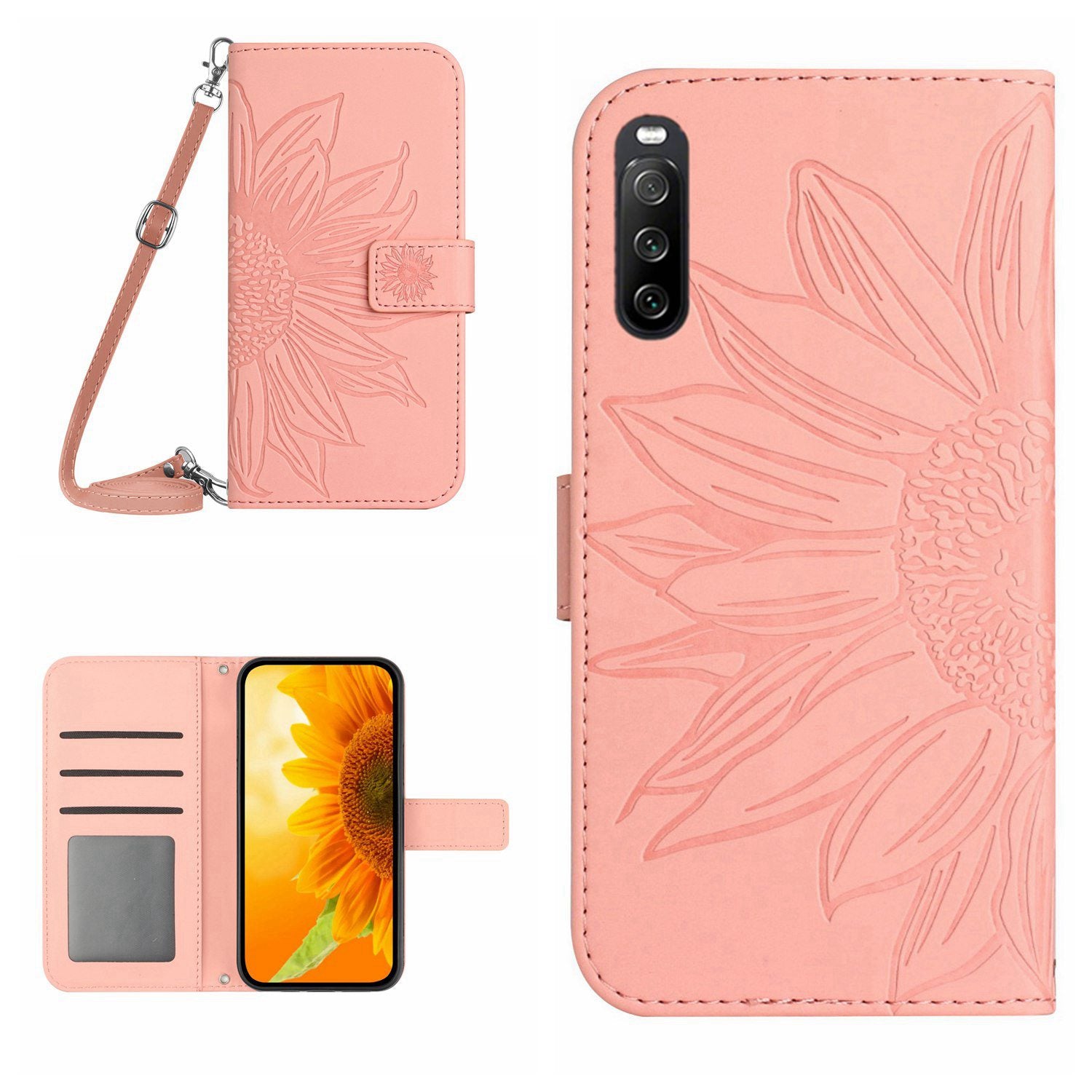 HT04 For Sony Xperia 10 VI Case Sunflower Leather Magnetic Flip Phone Cover with Shoulder Strap