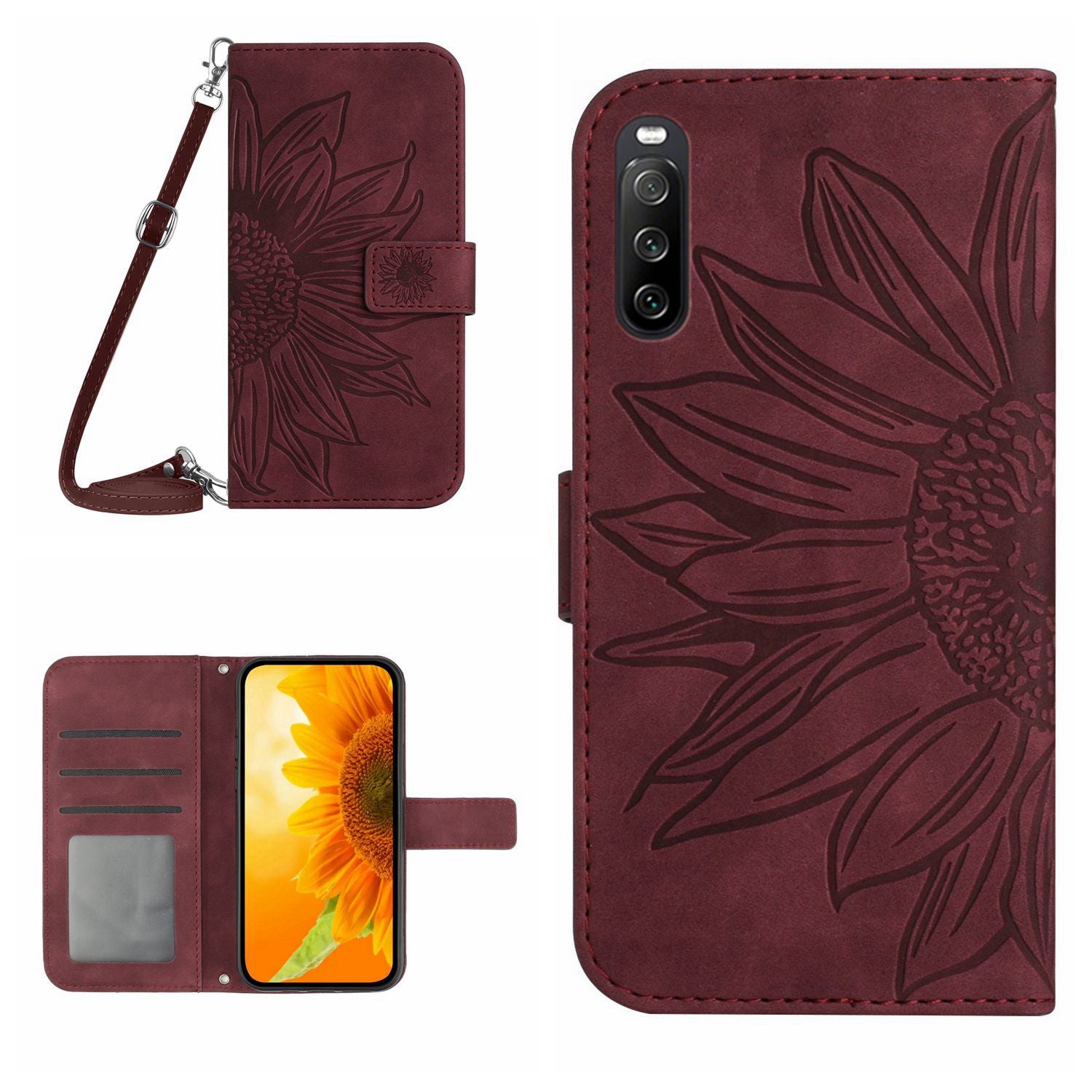 HT04 For Sony Xperia 10 VI Case Sunflower Leather Magnetic Flip Phone Cover with Shoulder Strap