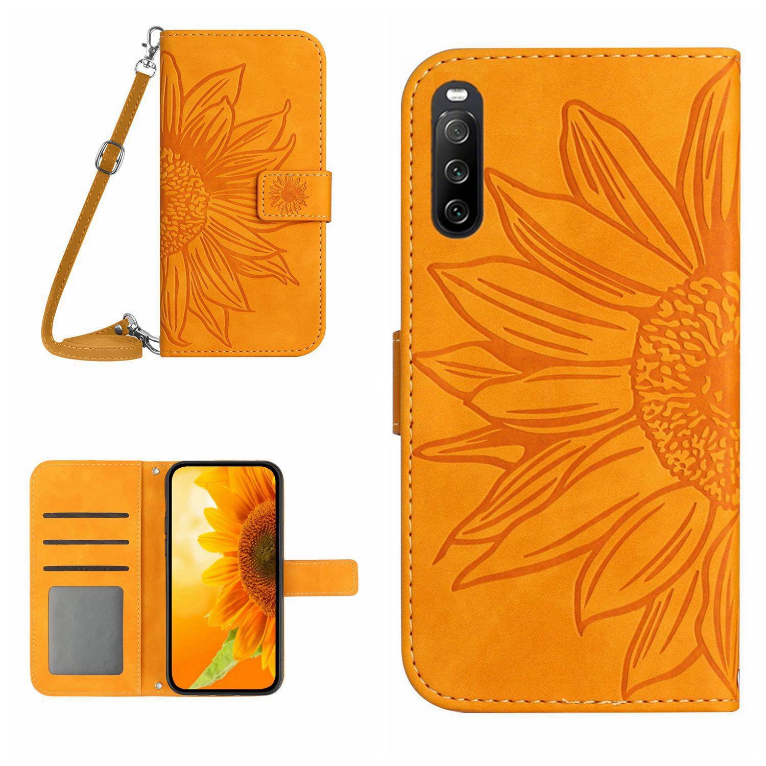 HT04 For Sony Xperia 10 VI Case Sunflower Leather Magnetic Flip Phone Cover with Shoulder Strap