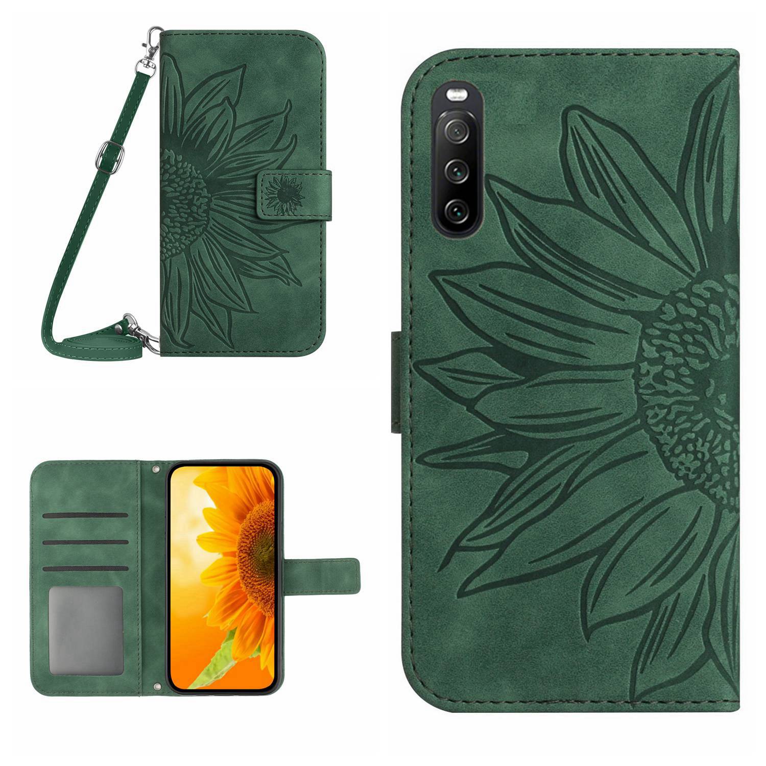 HT04 For Sony Xperia 10 VI Case Sunflower Leather Magnetic Flip Phone Cover with Shoulder Strap