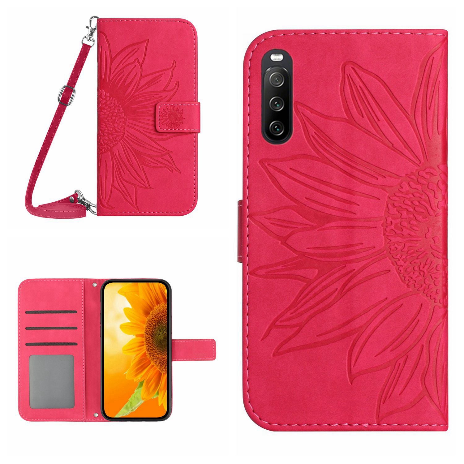 HT04 For Sony Xperia 10 VI Case Sunflower Leather Magnetic Flip Phone Cover with Shoulder Strap