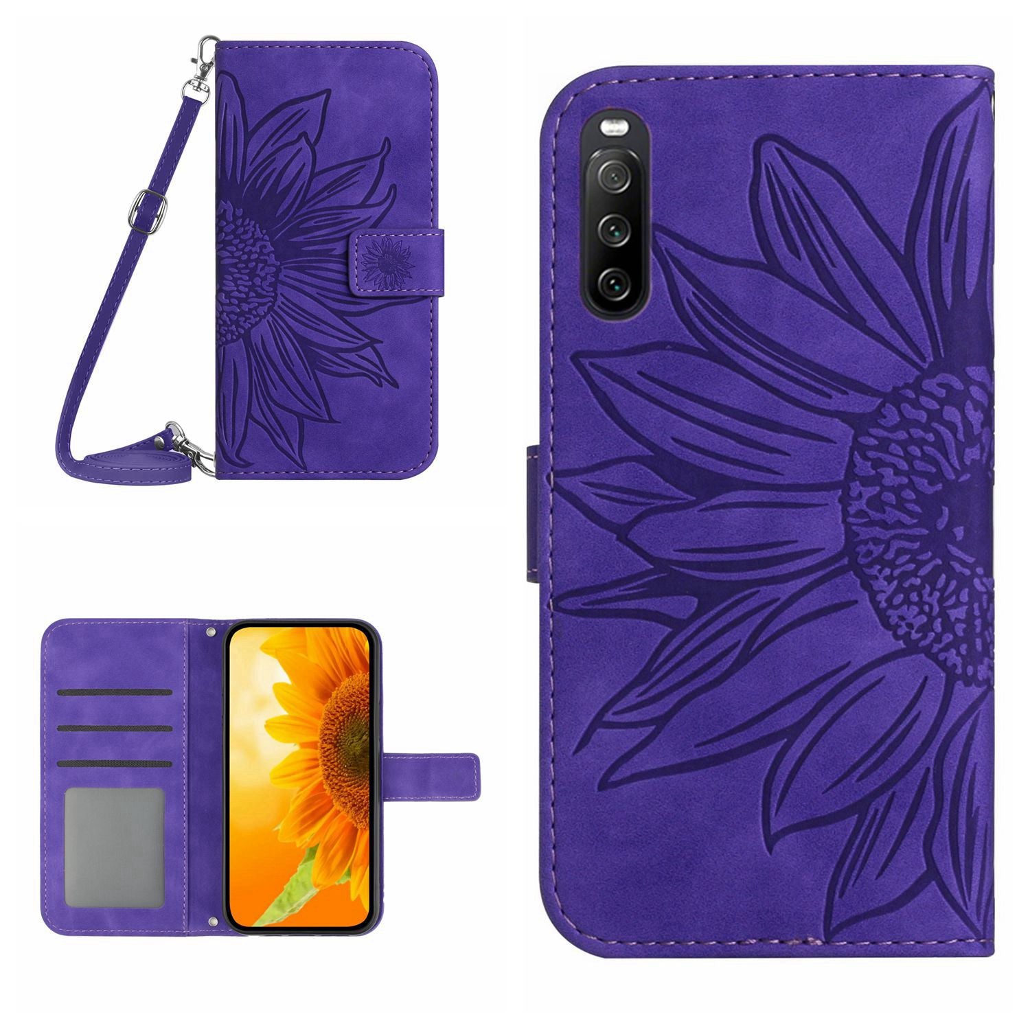 HT04 For Sony Xperia 10 VI Case Sunflower Leather Magnetic Flip Phone Cover with Shoulder Strap