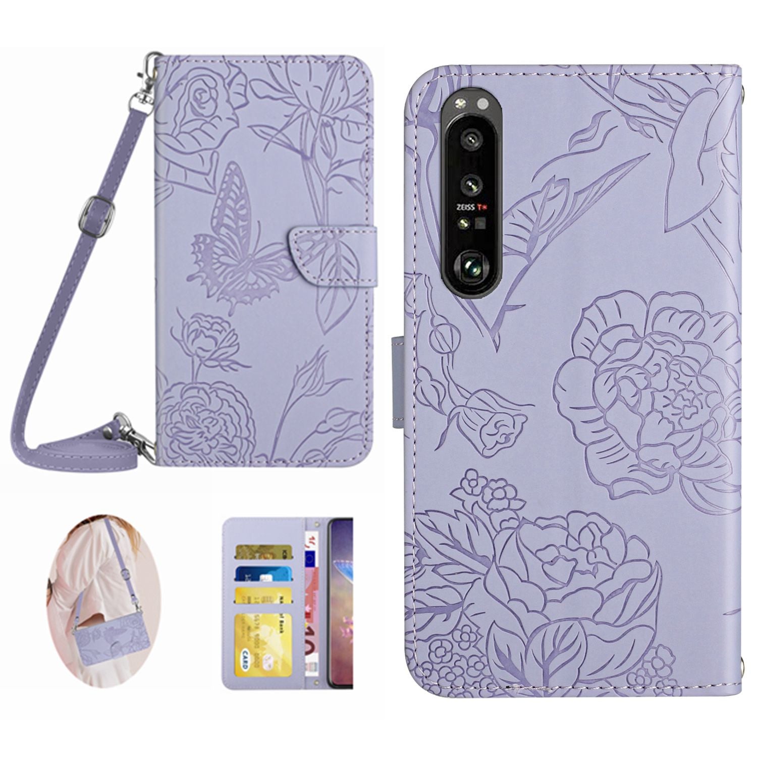 HT03 For Sony Xperia 1 VI Wallet Case Butterfly PU Leather Phone Cover with Long Strap