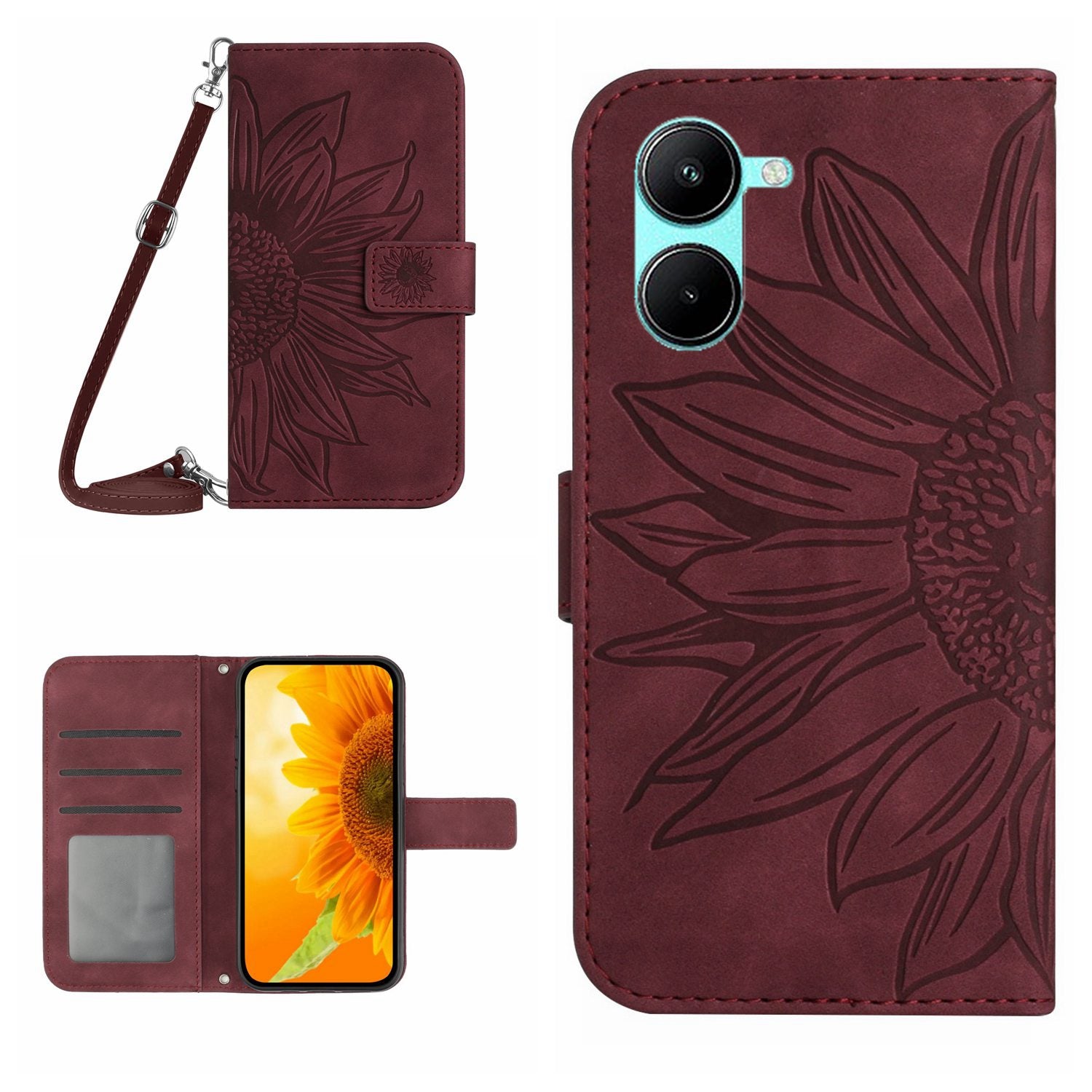 HT04 For vivo Y03 Wallet Case Sunflower Skin-touch Leather Phone Cover with Shoulder Strap