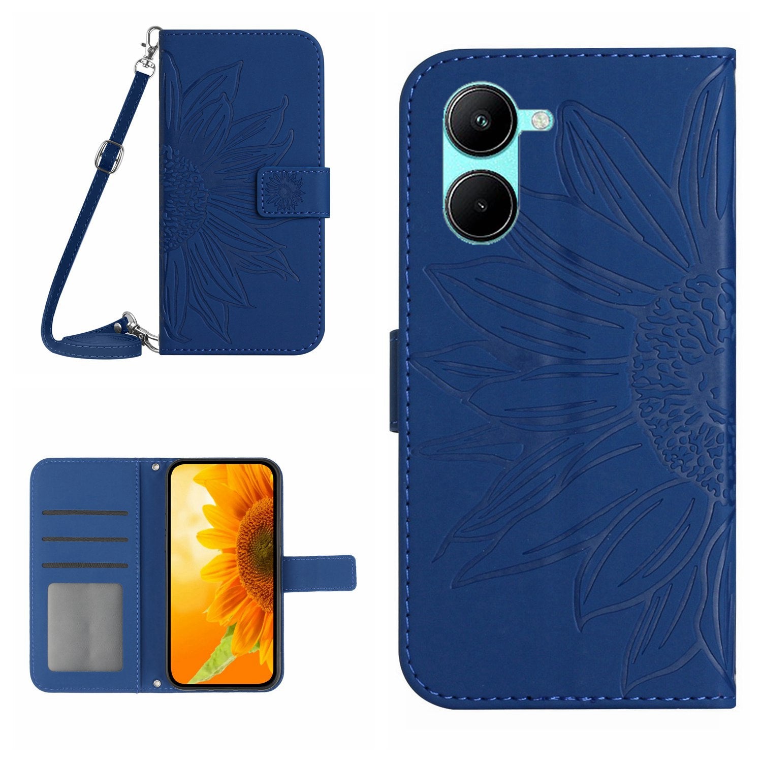 HT04 For vivo Y03 Wallet Case Sunflower Skin-touch Leather Phone Cover with Shoulder Strap