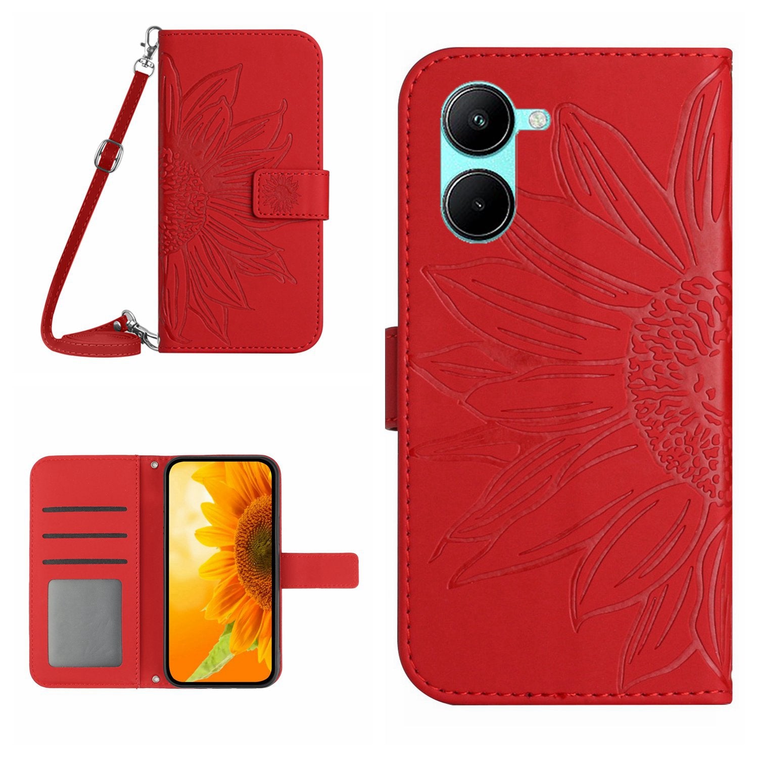 HT04 For vivo Y03 Wallet Case Sunflower Skin-touch Leather Phone Cover with Shoulder Strap