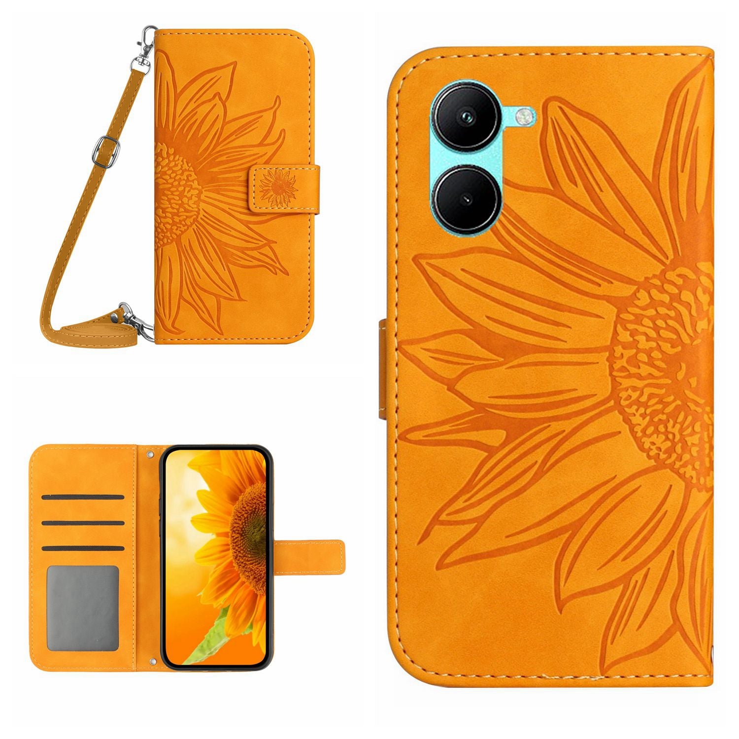 HT04 For vivo Y03 Wallet Case Sunflower Skin-touch Leather Phone Cover with Shoulder Strap