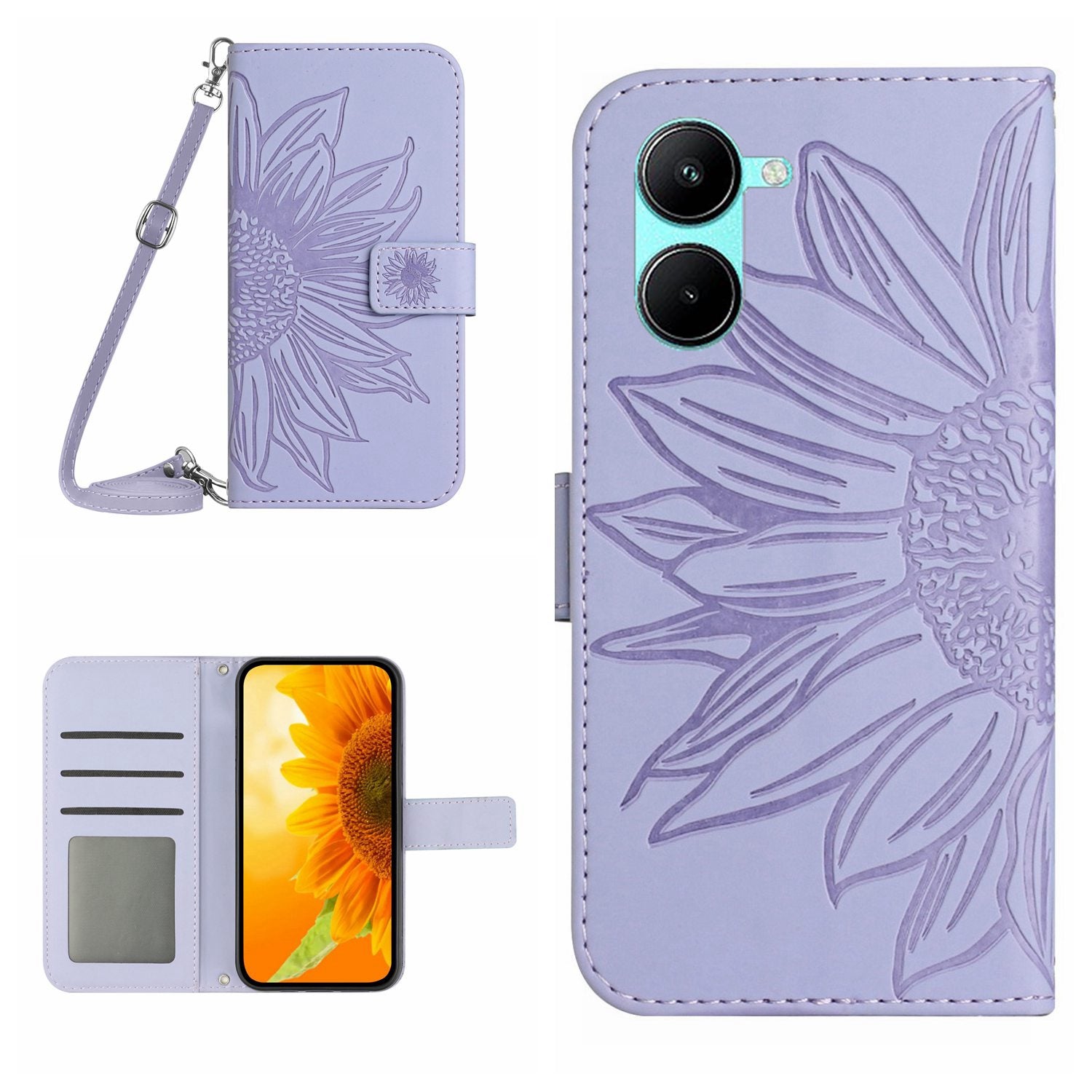 HT04 For vivo Y03 Wallet Case Sunflower Skin-touch Leather Phone Cover with Shoulder Strap