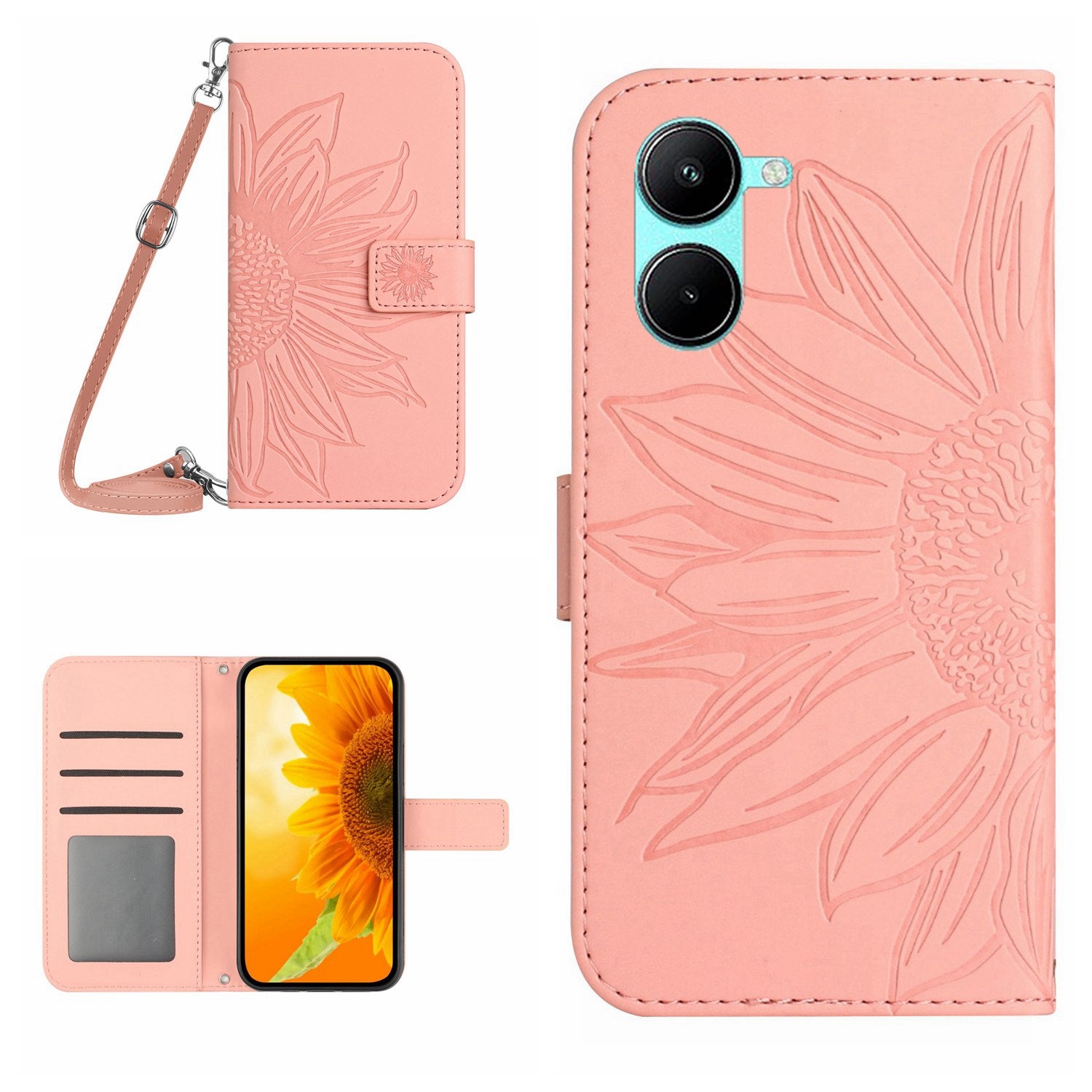 HT04 For vivo Y03 Wallet Case Sunflower Skin-touch Leather Phone Cover with Shoulder Strap