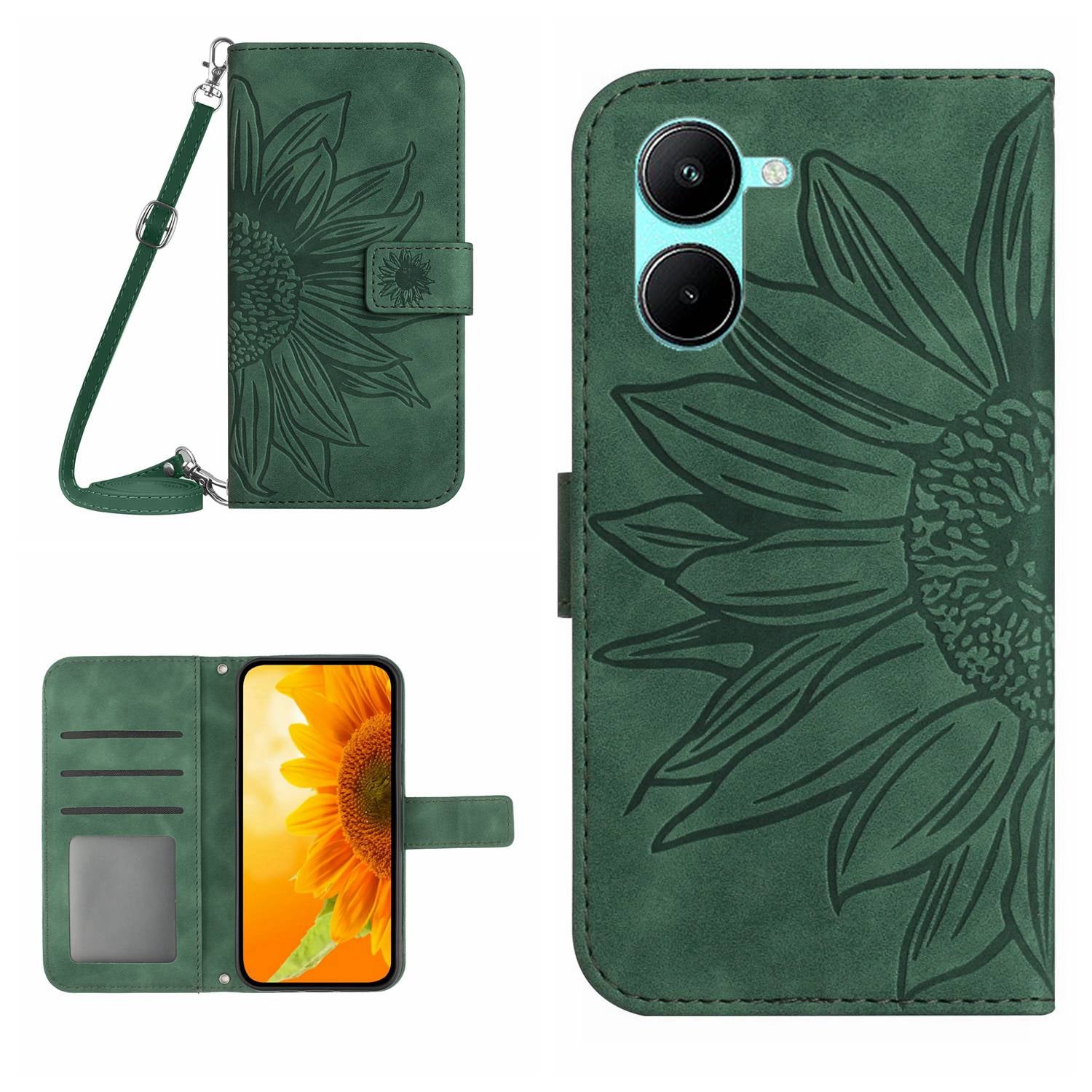 HT04 For vivo Y03 Wallet Case Sunflower Skin-touch Leather Phone Cover with Shoulder Strap