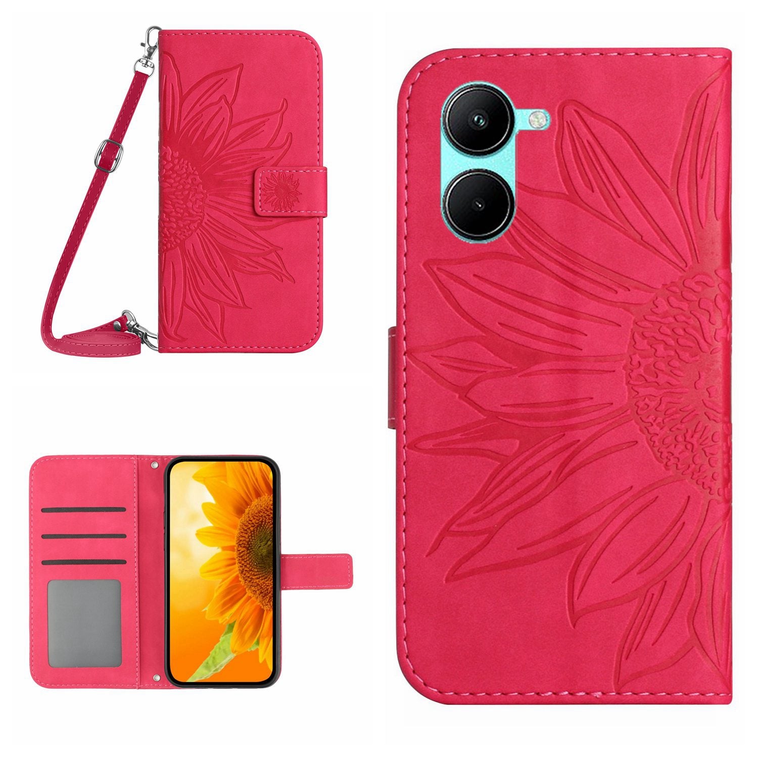 HT04 For vivo Y03 Wallet Case Sunflower Skin-touch Leather Phone Cover with Shoulder Strap