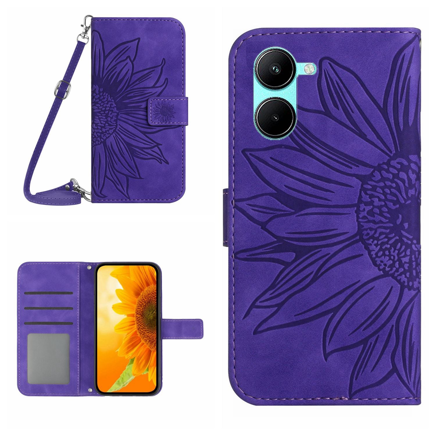HT04 For vivo Y03 Wallet Case Sunflower Skin-touch Leather Phone Cover with Shoulder Strap