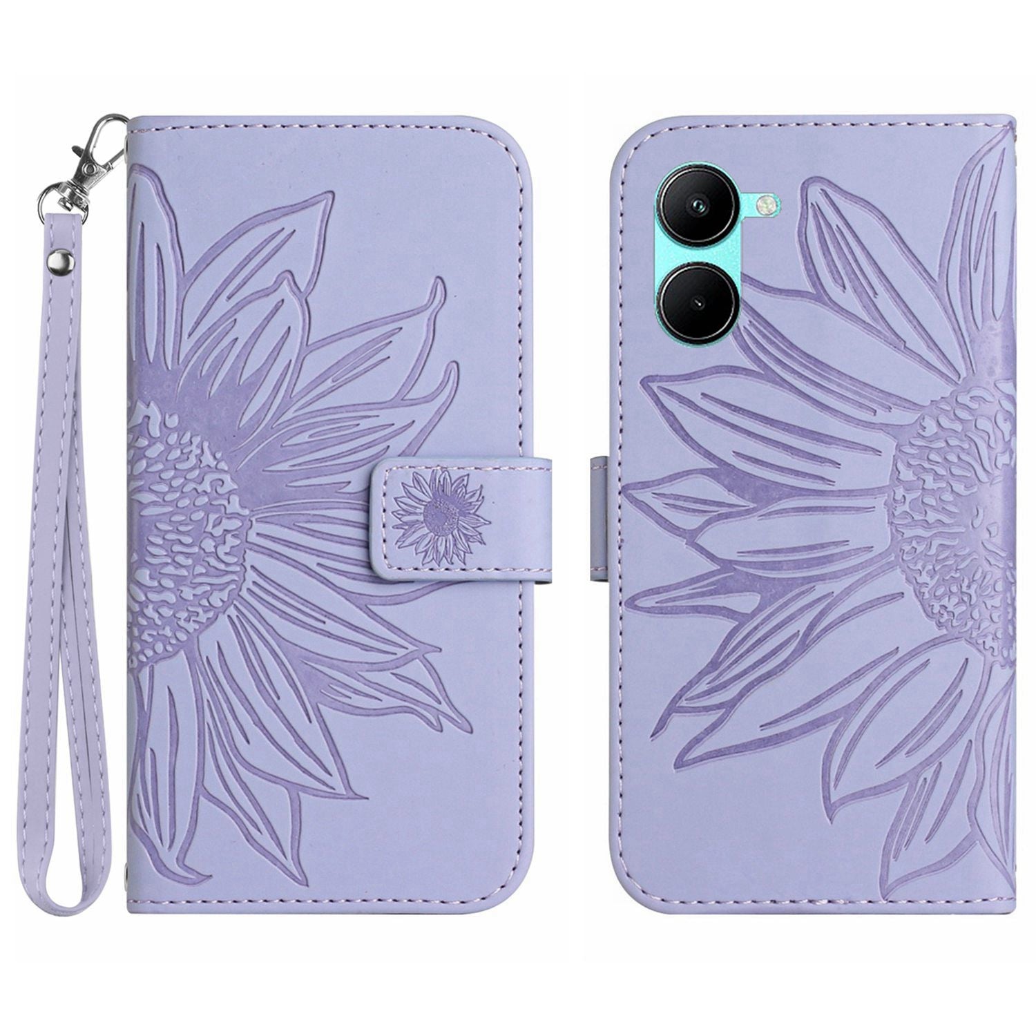 HT04 For vivo Y03 Wallet Case Sunflower Leather Stand Phone Cover with Wrist Strap