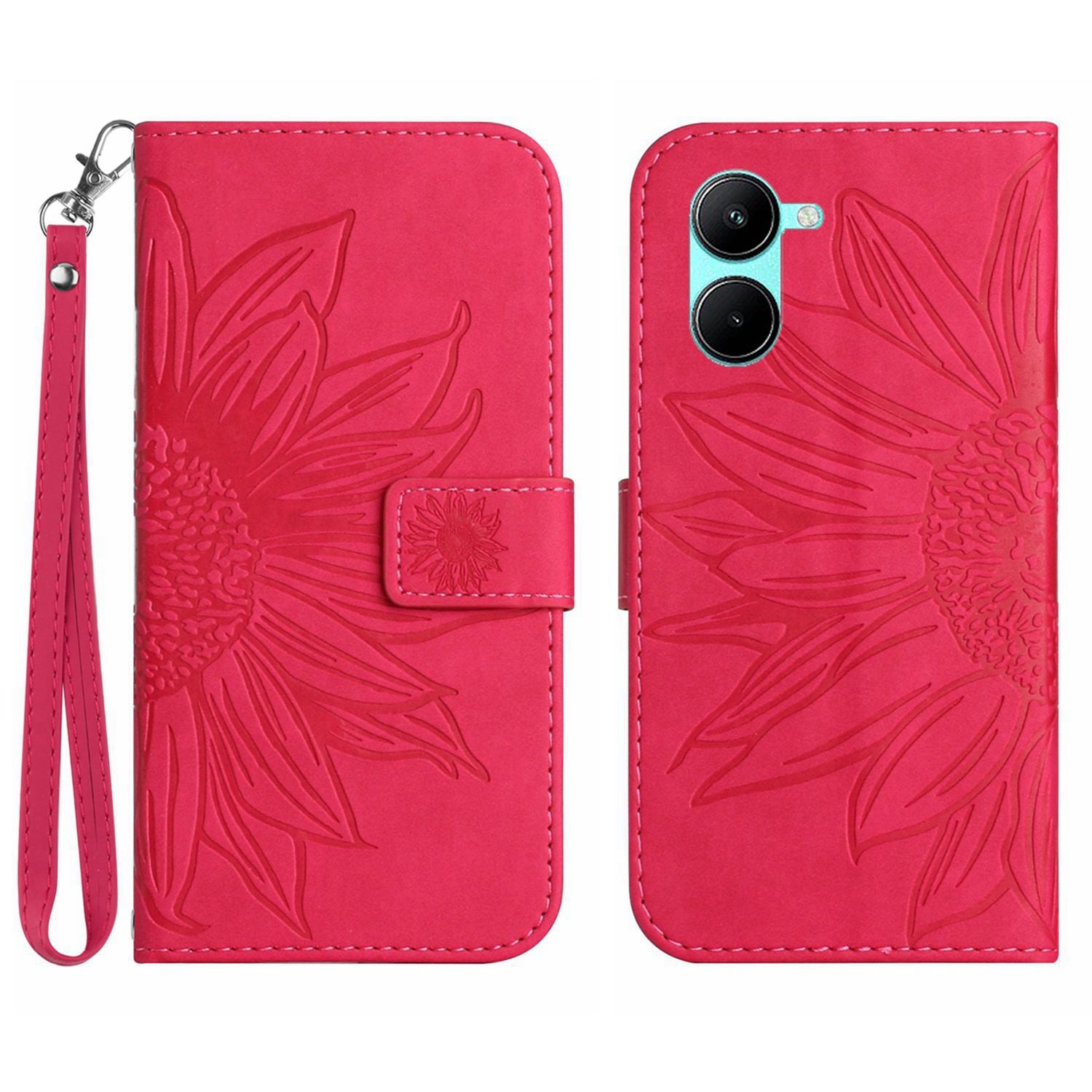 HT04 For vivo Y03 Wallet Case Sunflower Leather Stand Phone Cover with Wrist Strap