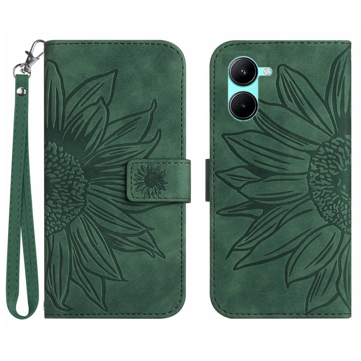 HT04 For vivo Y03 Wallet Case Sunflower Leather Stand Phone Cover with Wrist Strap