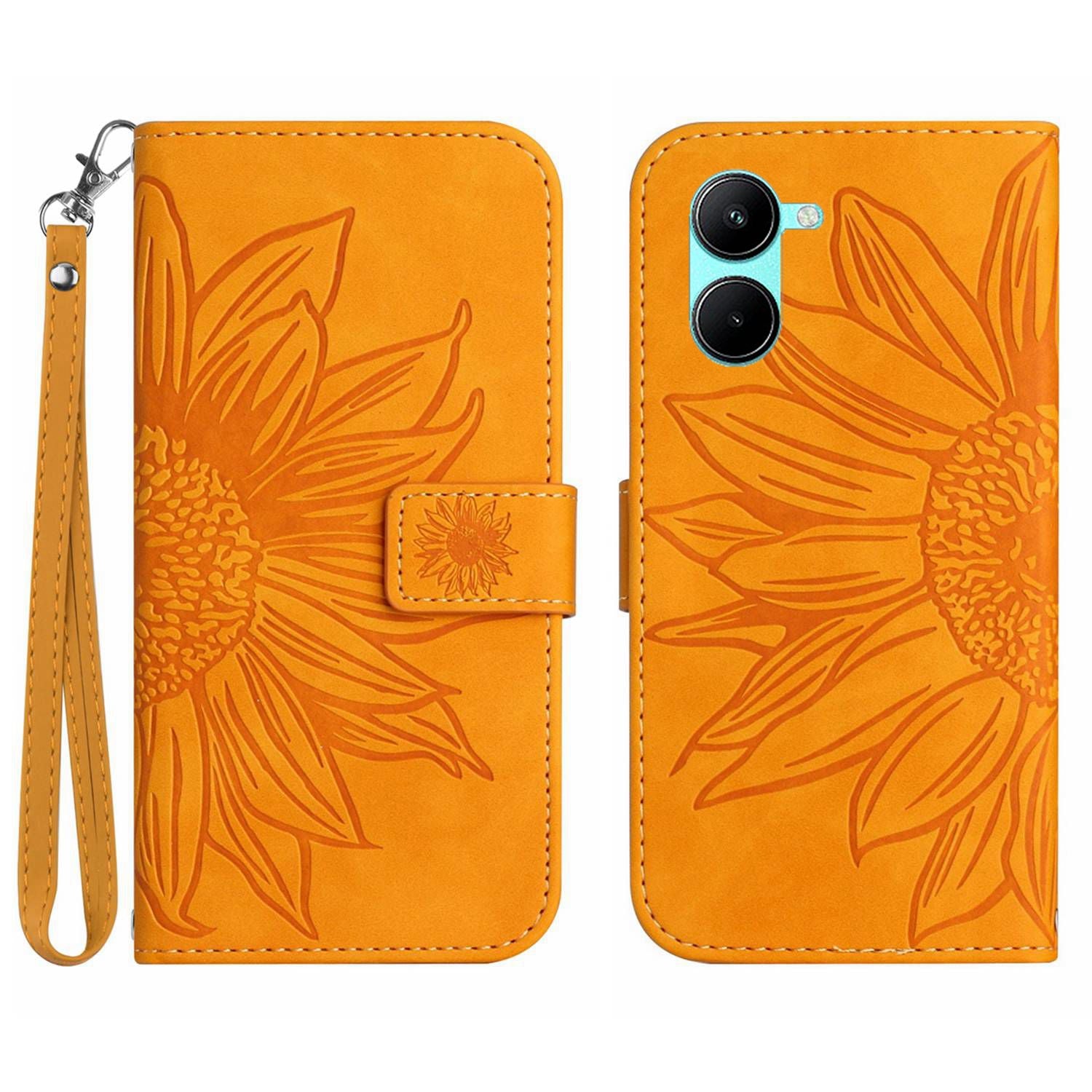 HT04 For vivo Y03 Wallet Case Sunflower Leather Stand Phone Cover with Wrist Strap
