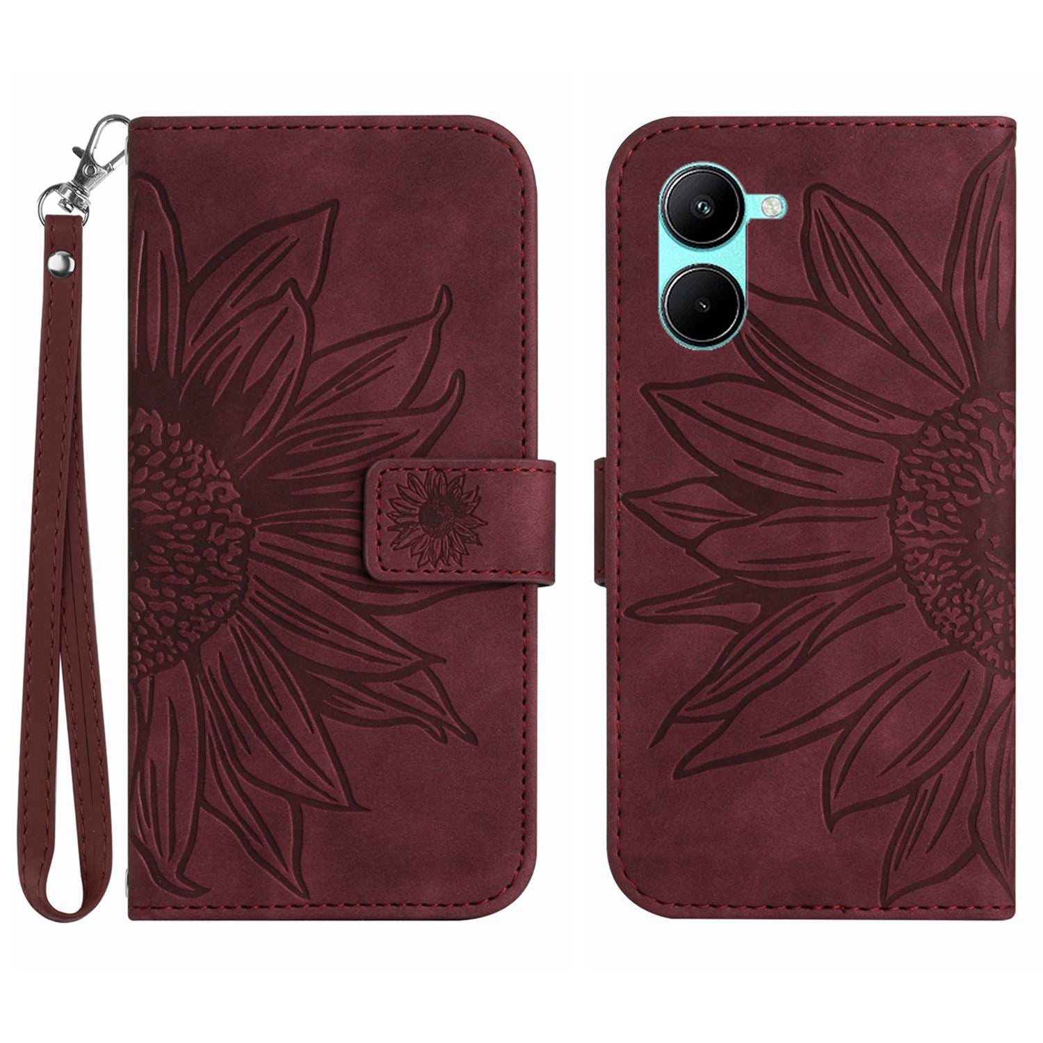 HT04 For vivo Y03 Wallet Case Sunflower Leather Stand Phone Cover with Wrist Strap