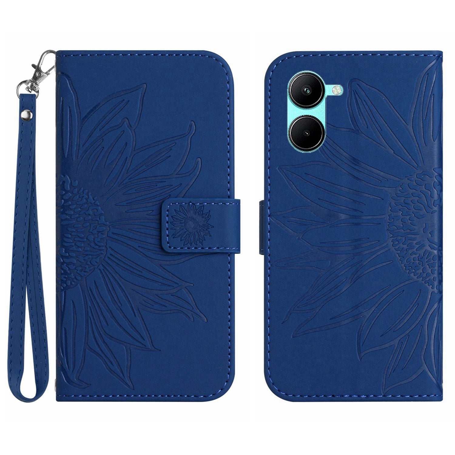 HT04 For vivo Y03 Wallet Case Sunflower Leather Stand Phone Cover with Wrist Strap