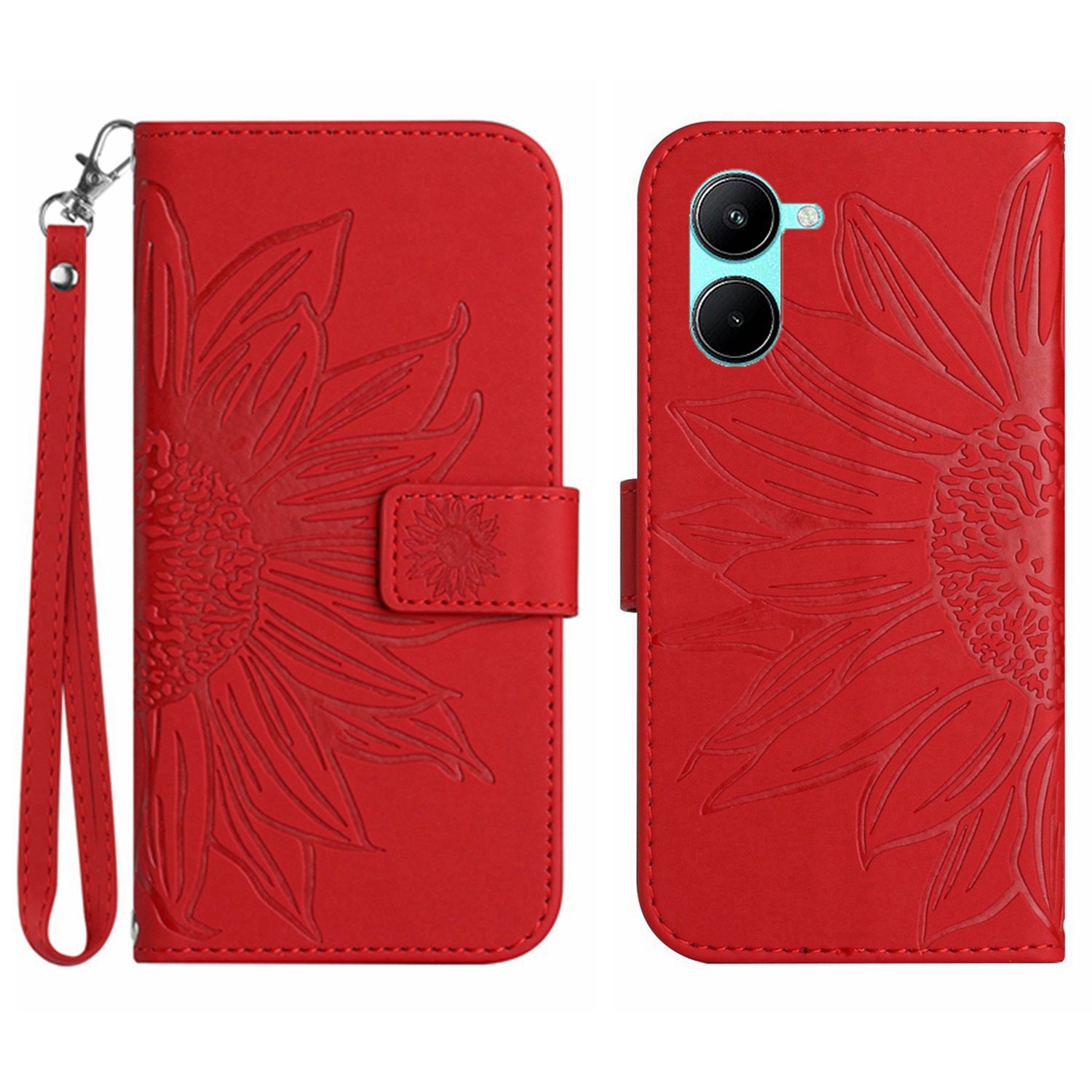 HT04 For vivo Y03 Wallet Case Sunflower Leather Stand Phone Cover with Wrist Strap