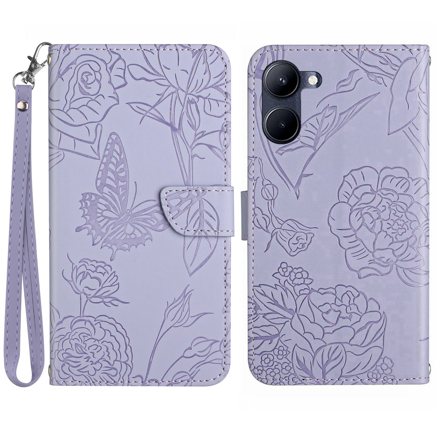HT03 For vivo Y03 Leather Case Butterfly Flower Phone Wallet Cover with Hand Strap