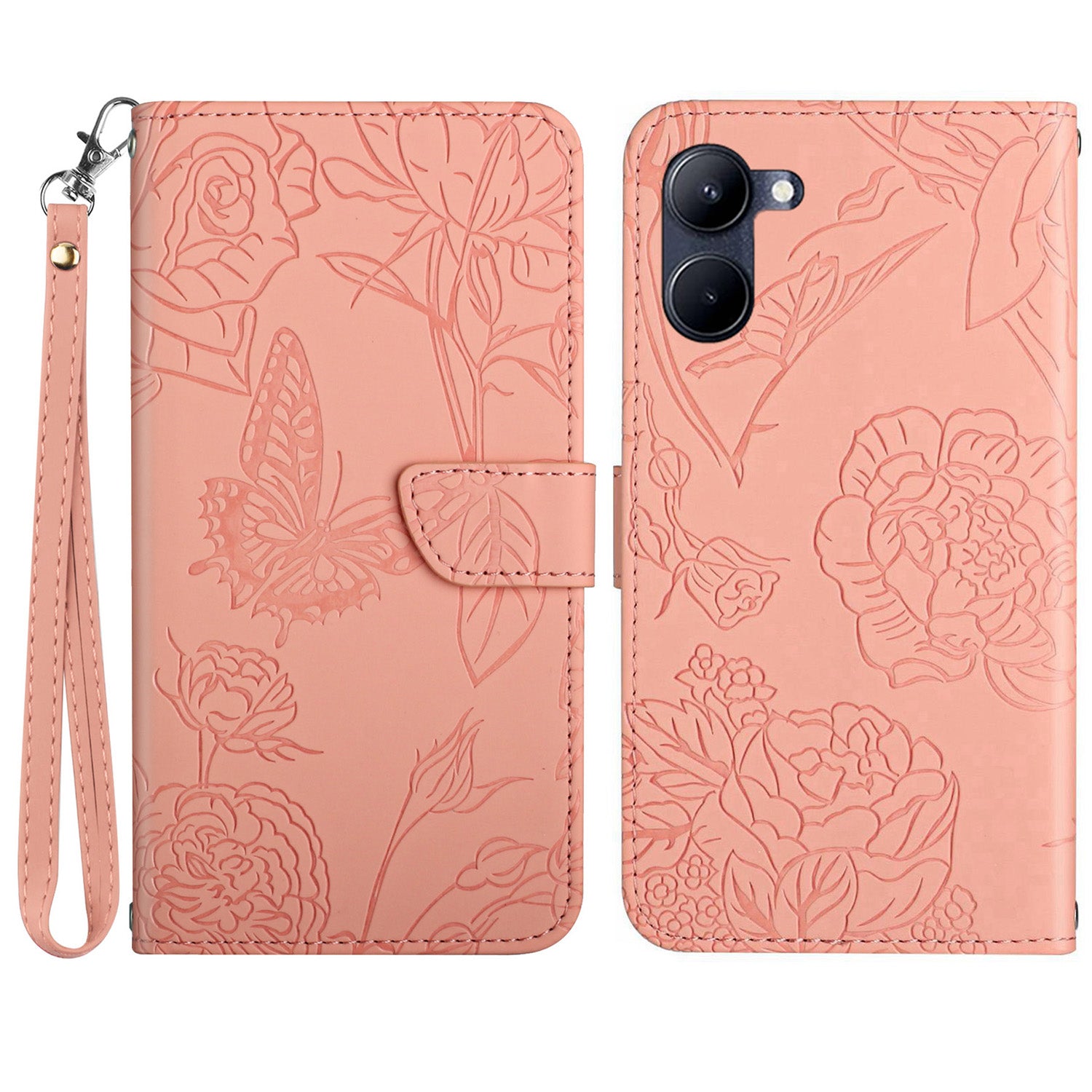HT03 For vivo Y03 Leather Case Butterfly Flower Phone Wallet Cover with Hand Strap