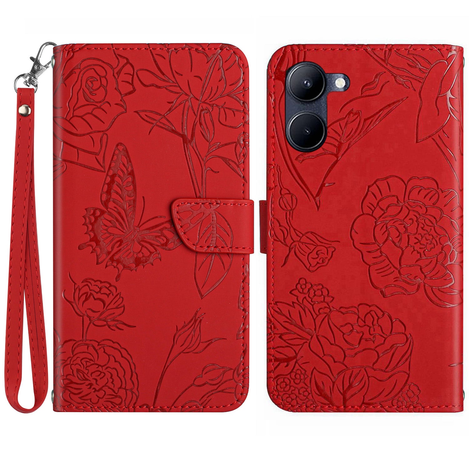 HT03 For vivo Y03 Leather Case Butterfly Flower Phone Wallet Cover with Hand Strap