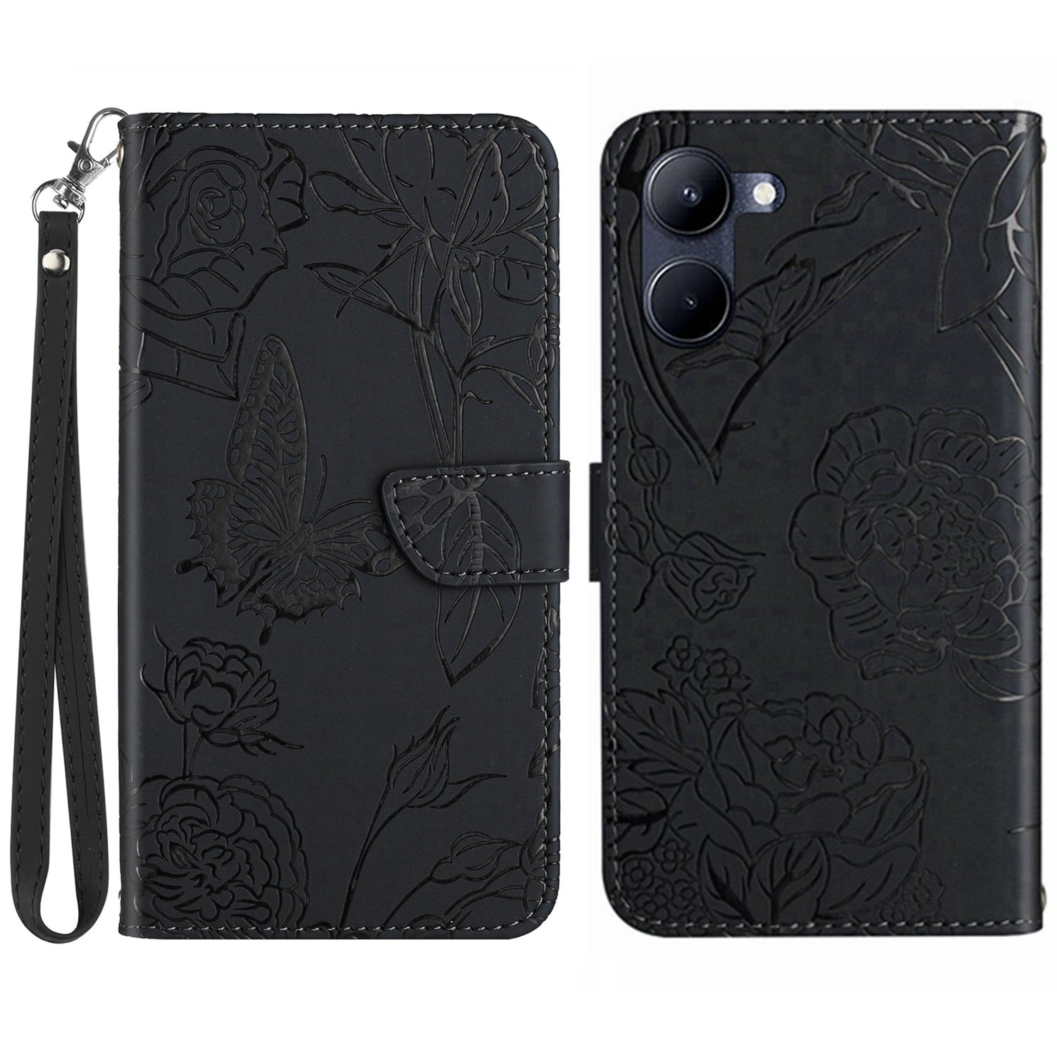 HT03 For vivo Y03 Leather Case Butterfly Flower Phone Wallet Cover with Hand Strap