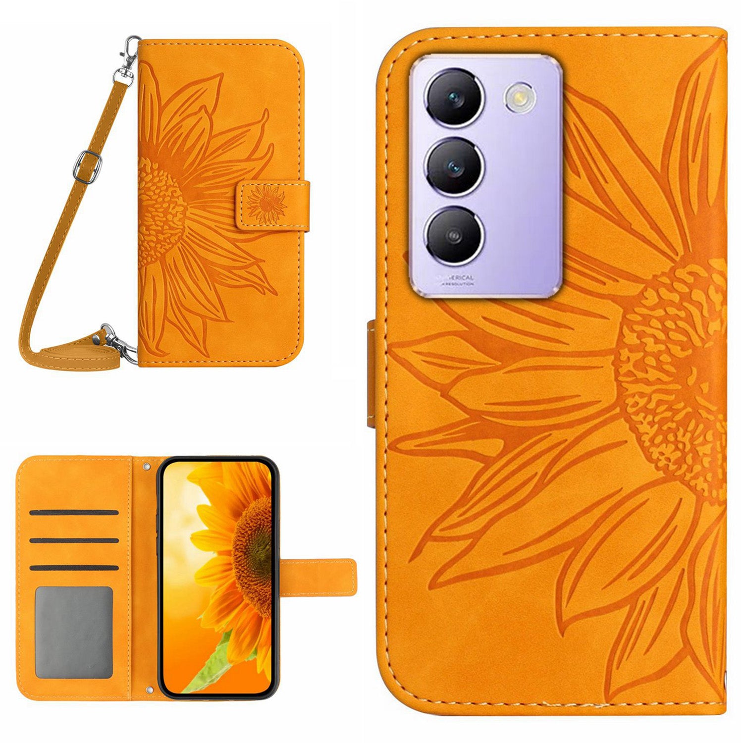 HT04 For vivo Y200e 5G / Y100 5G (Indonesia) / T3 5G (India) / V30 Lite 5G (India) Case Sunflower Pattern Wallet Crossbody Phone Cover
