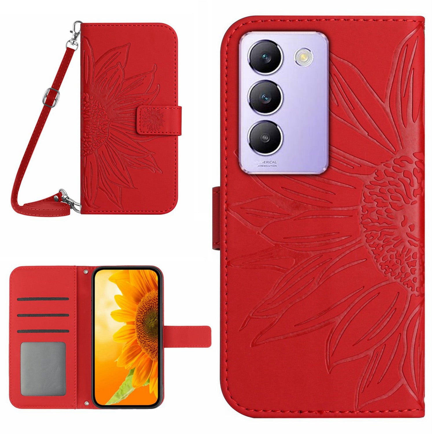 HT04 For vivo Y200e 5G / Y100 5G (Indonesia) / T3 5G (India) / V30 Lite 5G (India) Case Sunflower Pattern Wallet Crossbody Phone Cover