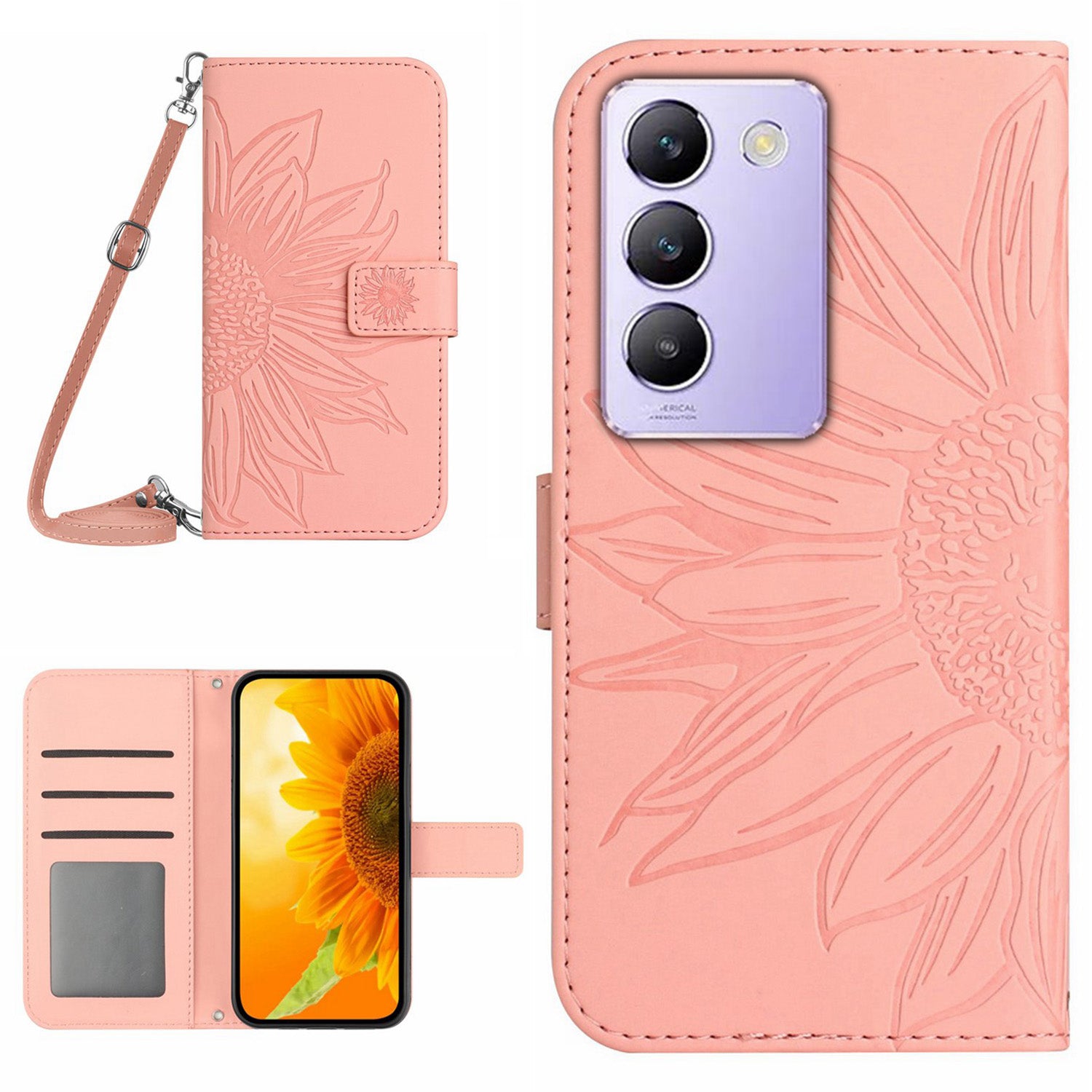 HT04 For vivo Y200e 5G / Y100 5G (Indonesia) / T3 5G (India) / V30 Lite 5G (India) Case Sunflower Pattern Wallet Crossbody Phone Cover