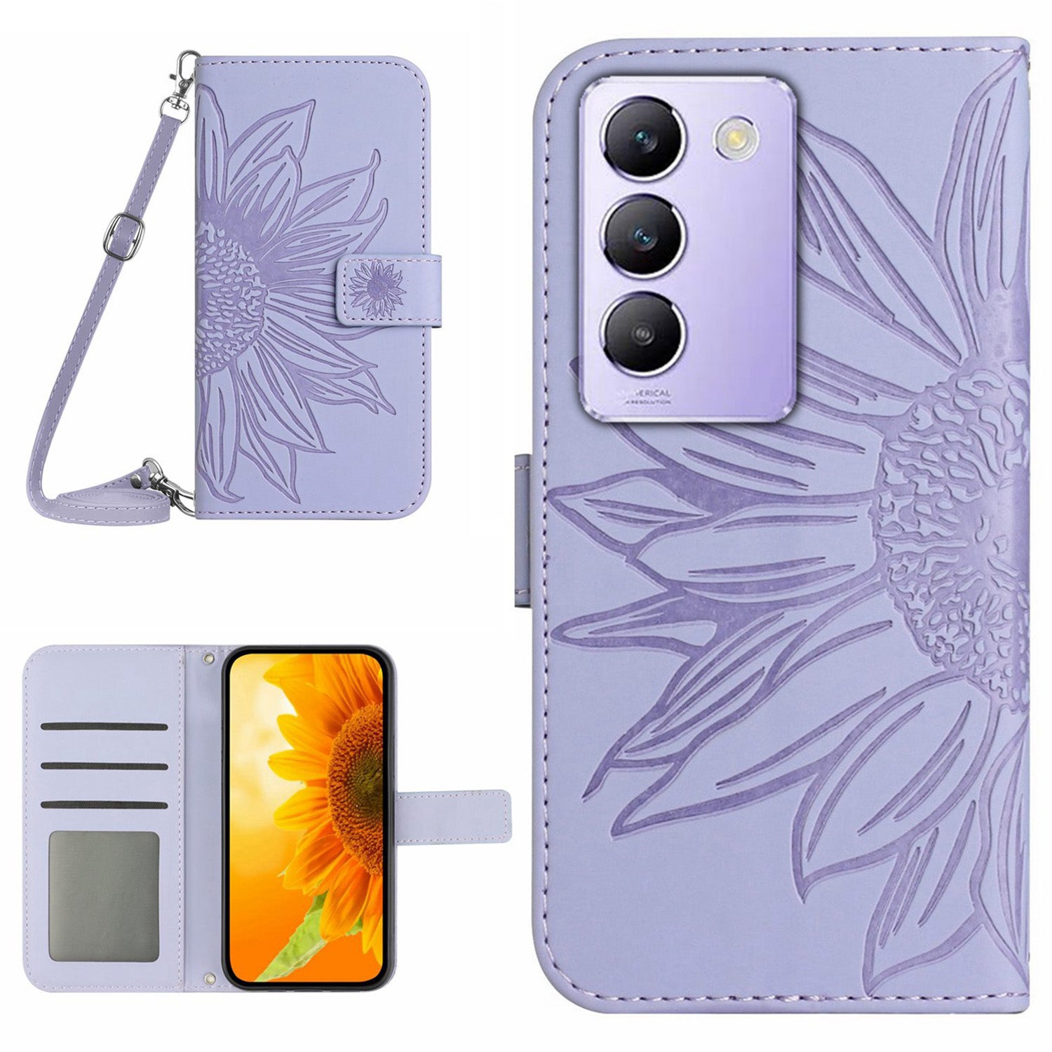 HT04 For vivo Y200e 5G / Y100 5G (Indonesia) / T3 5G (India) / V30 Lite 5G (India) Case Sunflower Pattern Wallet Crossbody Phone Cover