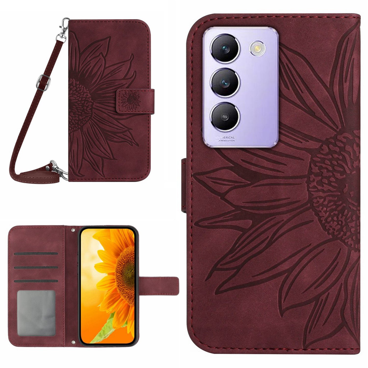 HT04 For vivo Y200e 5G / Y100 5G (Indonesia) / T3 5G (India) / V30 Lite 5G (India) Case Sunflower Pattern Wallet Crossbody Phone Cover